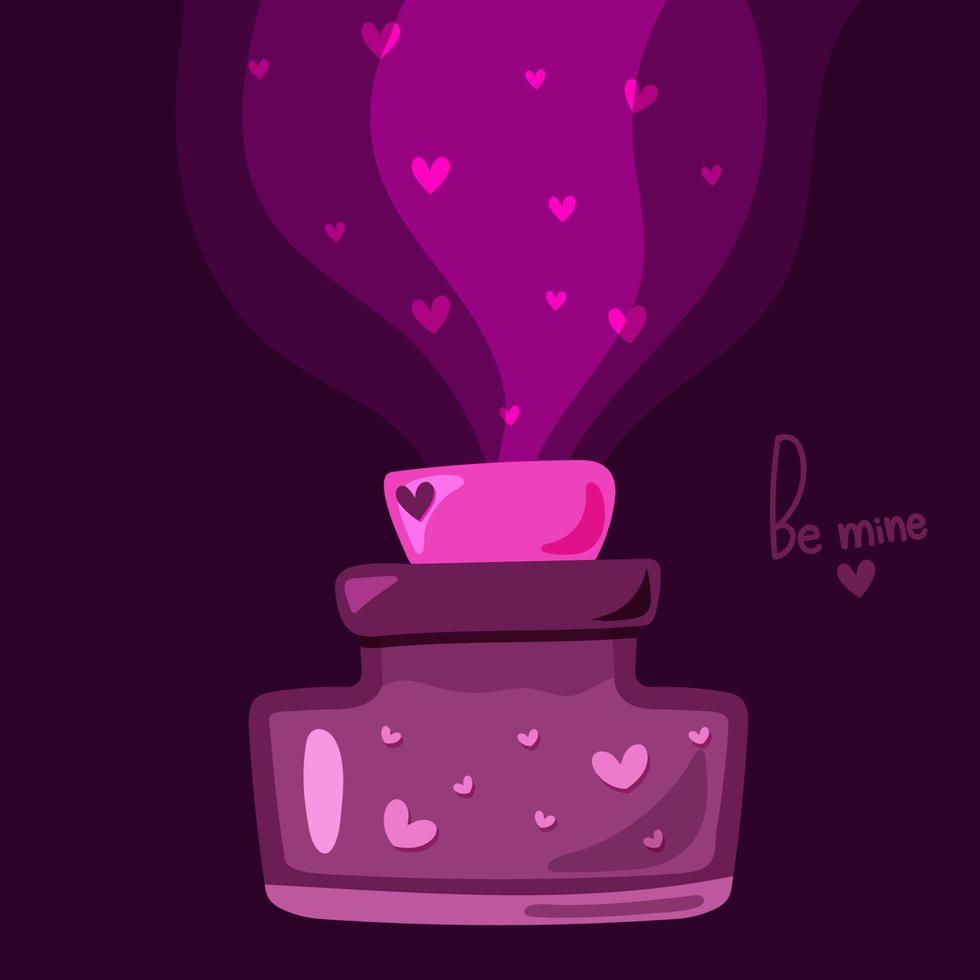 poción de amor en una botella con corcho con corazones dentro, rociando el olor del amor en el aire. día de san valentín postcrad, póster, pancarta vector