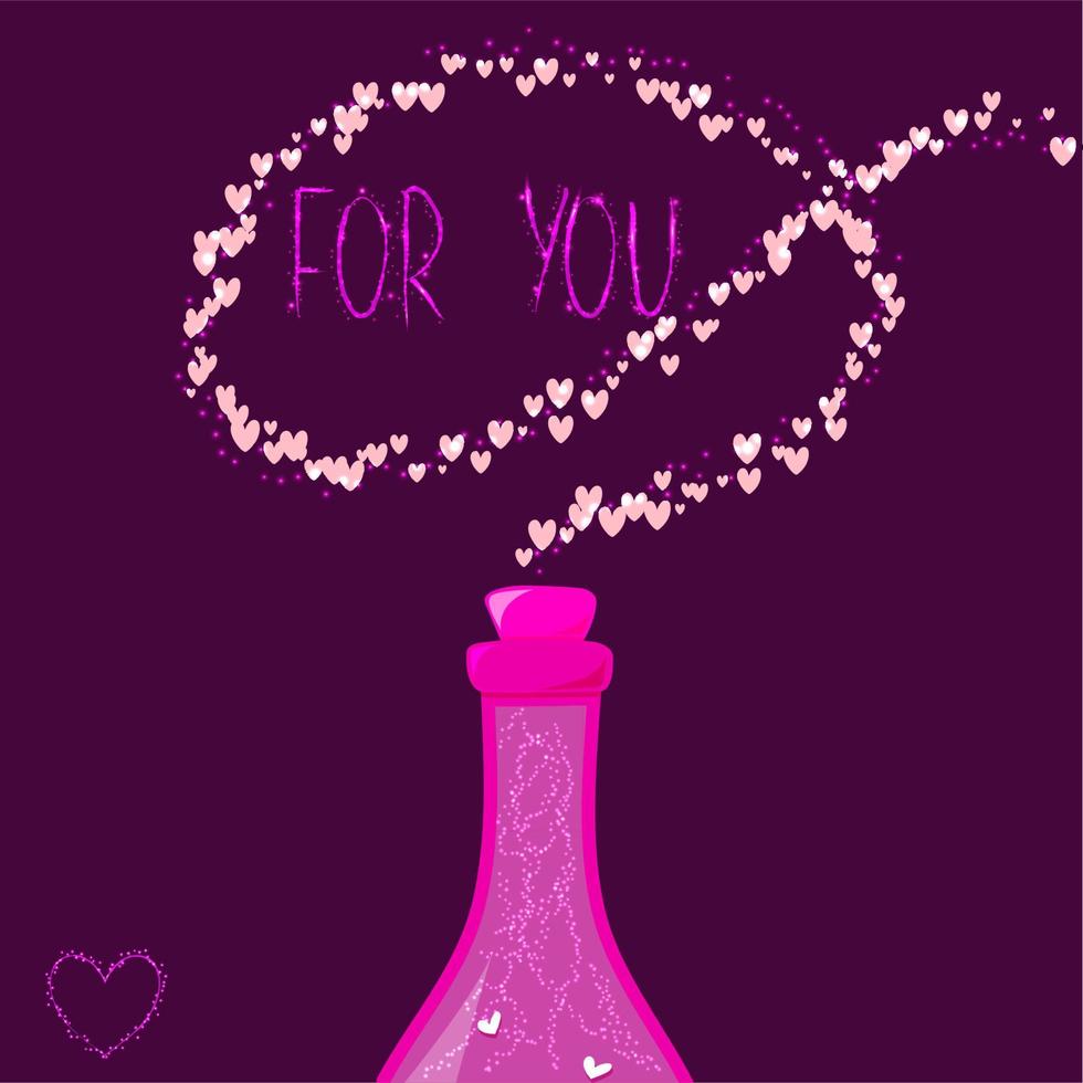 Happy Valentines Day postcard with pink sparkle bottle with flying hearts around. For you banner vector