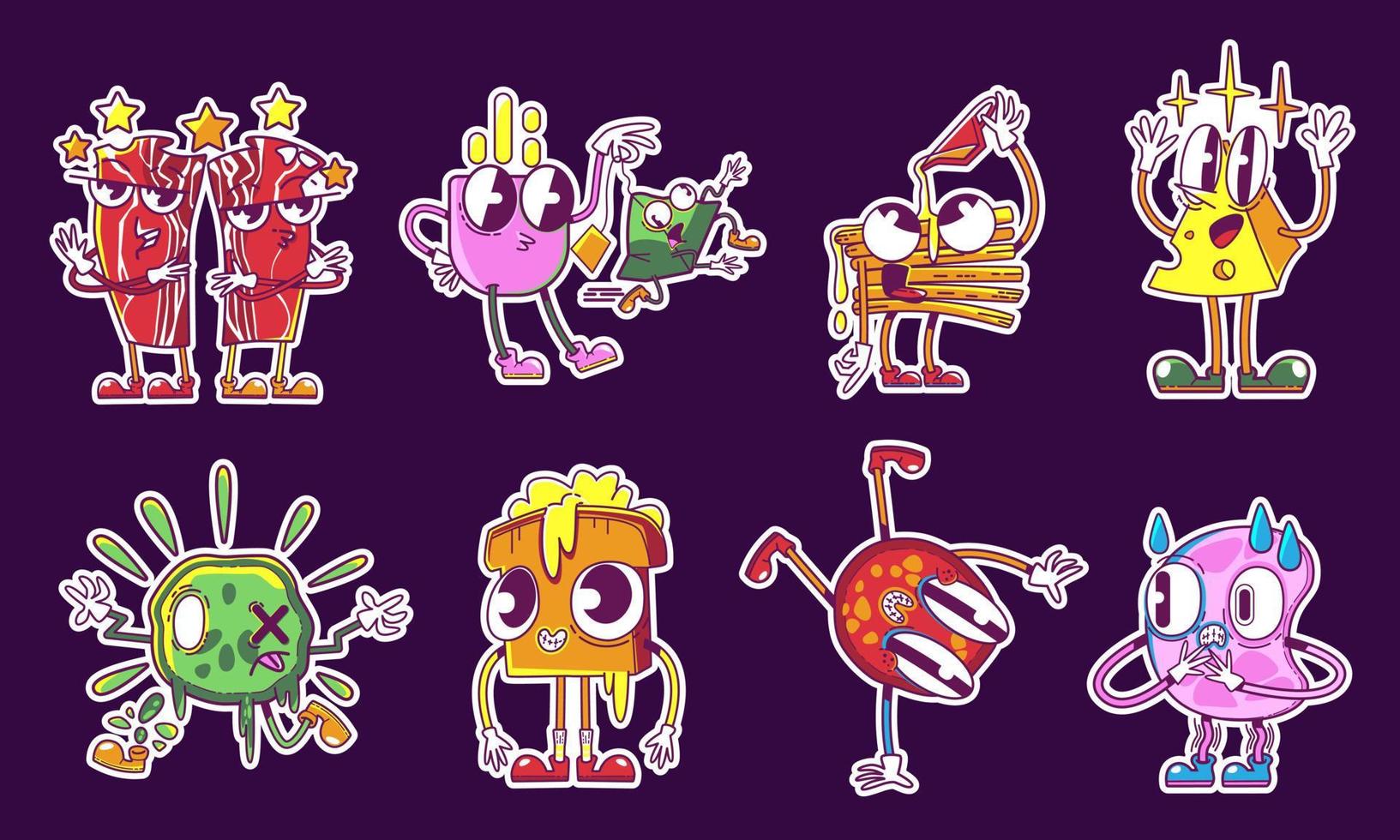 Retro stickers food and breakfast y2k characters vector