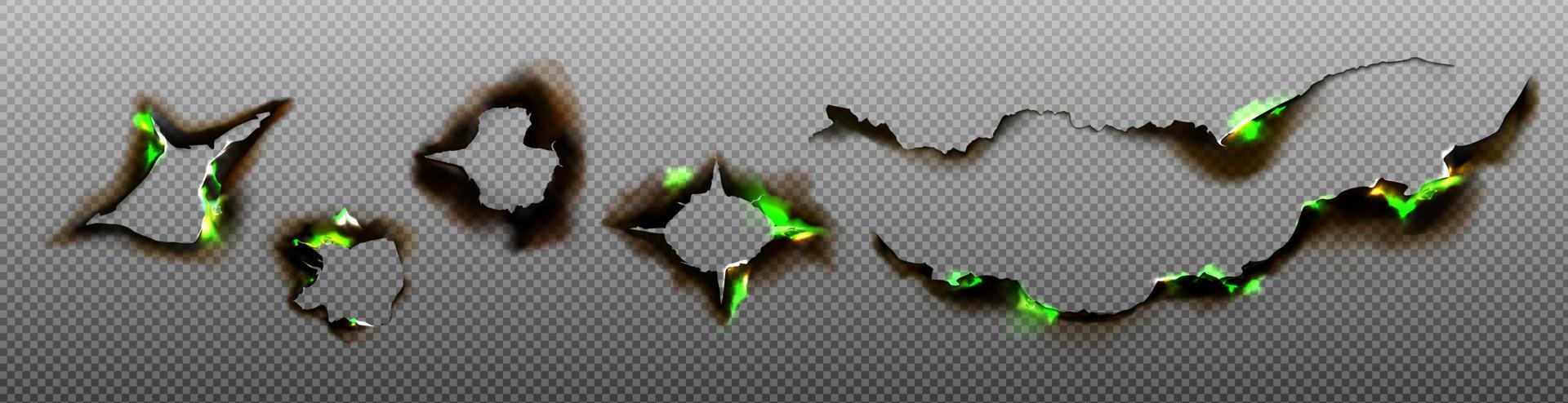 Green fire burning gunshot holes, paper edges vector