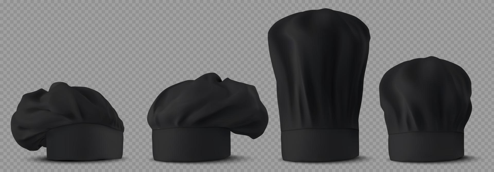 Black chef hats, cooker uniform in cafe kitchen vector