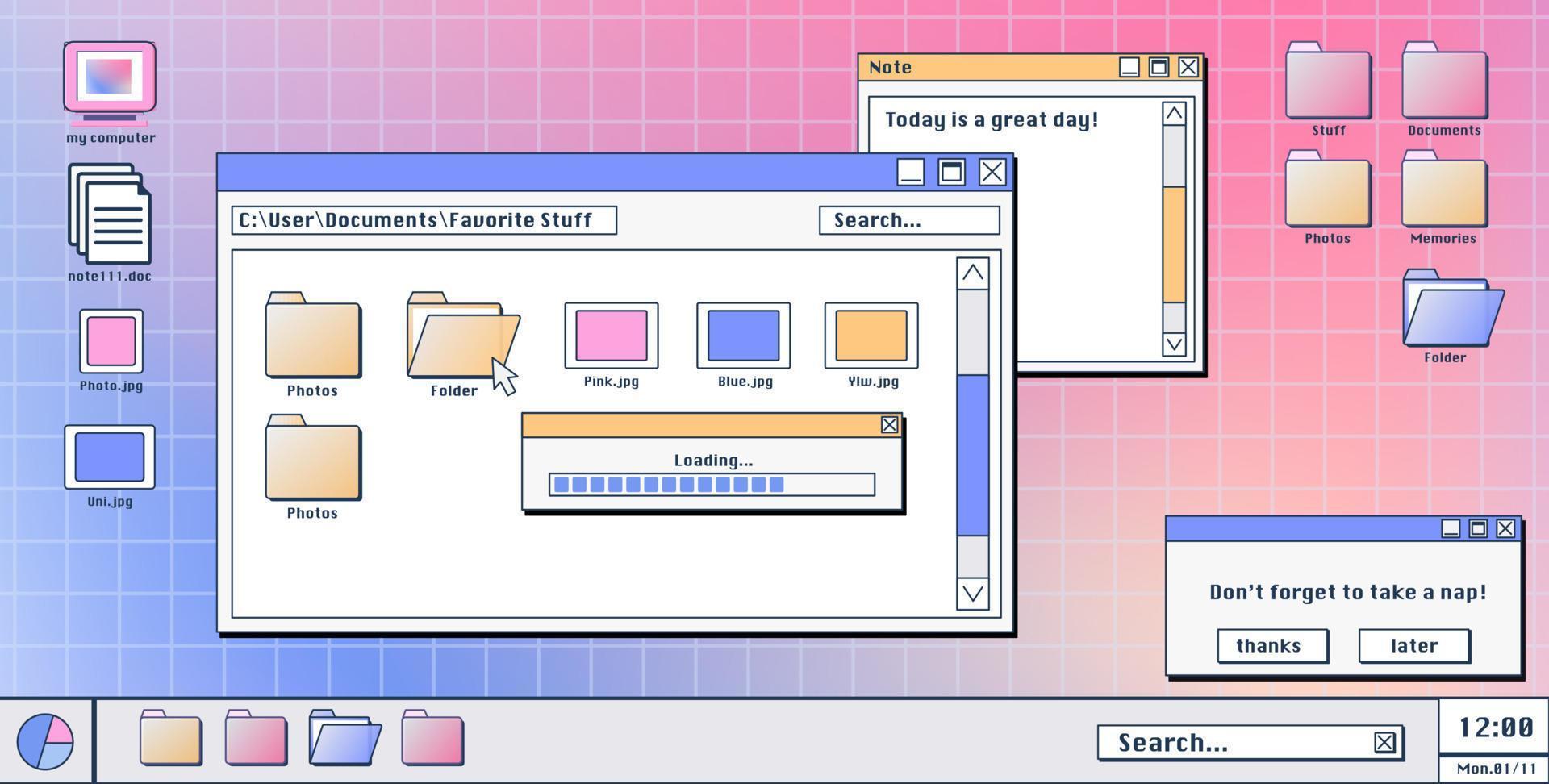 Computer screen with 90s retro software windows vector