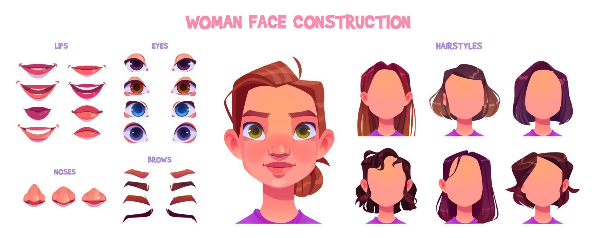 conjunto de construcción de cara de mujer, generador de avatar vector