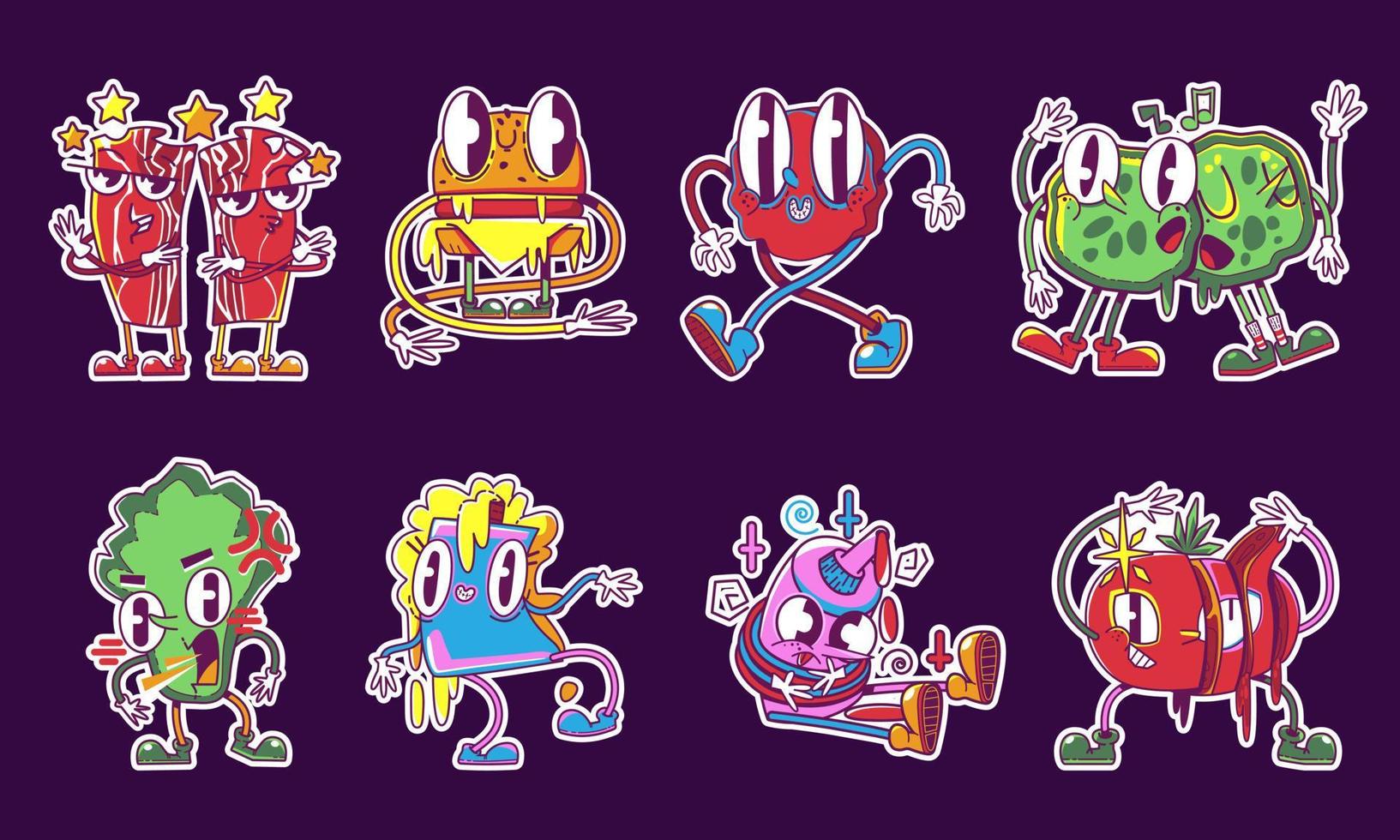 Crazy food retro stickers set on background vector