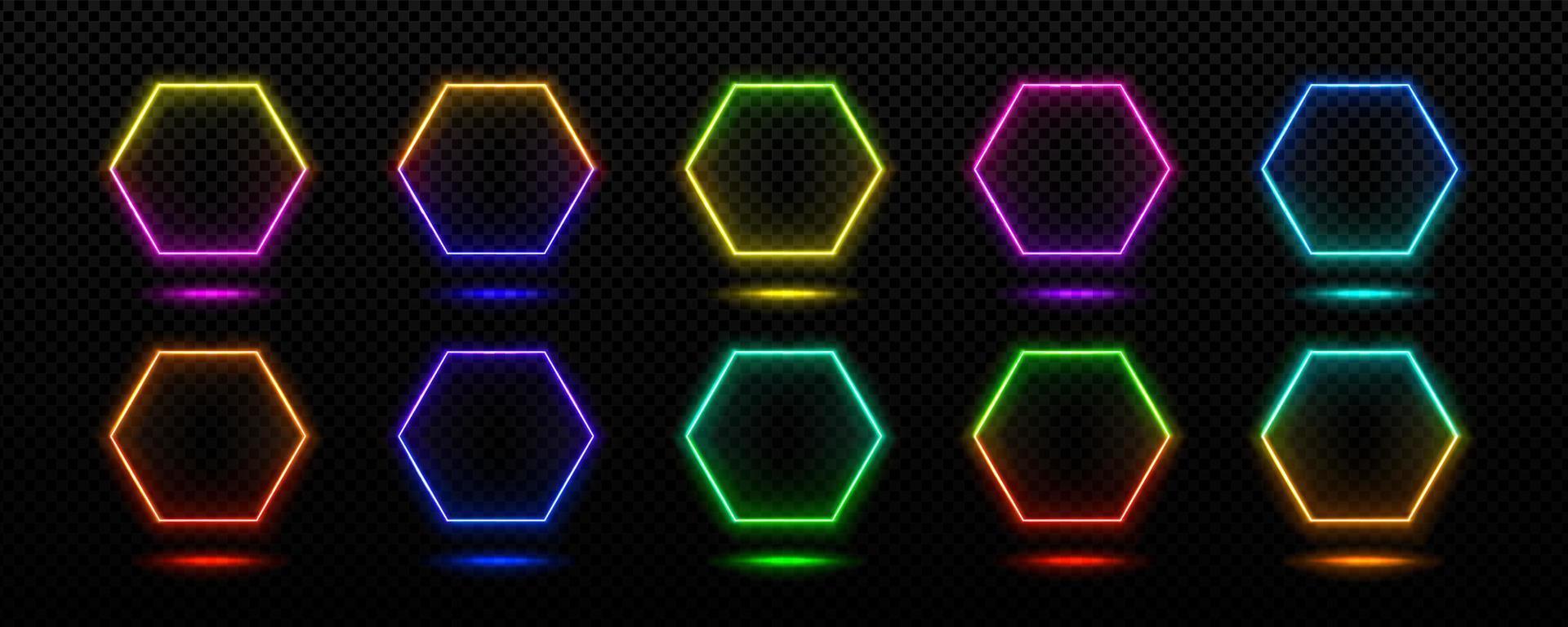 Neon frames, light banners hexagon shape vector