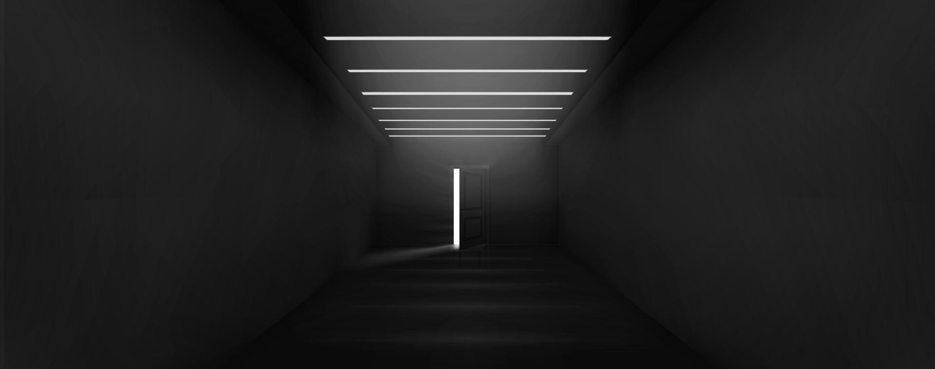 Open door with light glow in the end of corridor vector