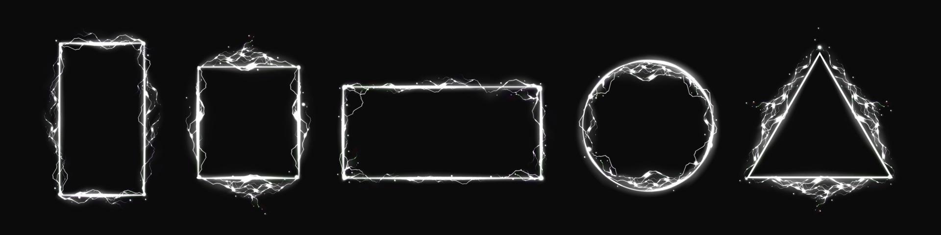 Lightning frames, white electric energy borders vector