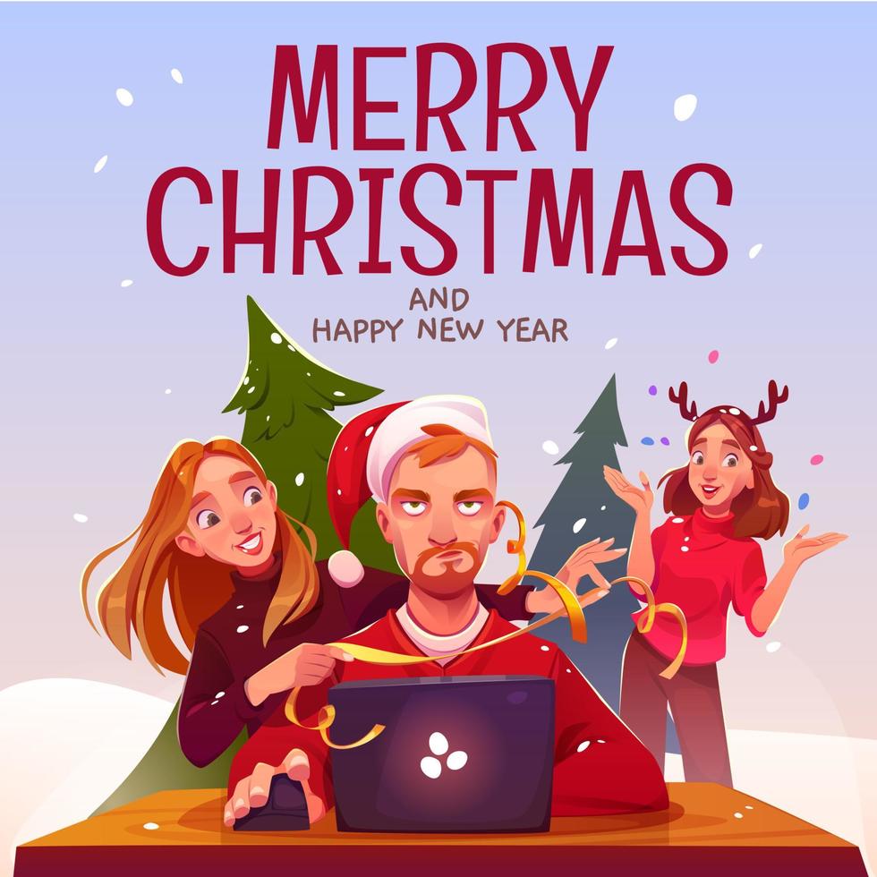 Boring man with annoyed face in Santa hat vector