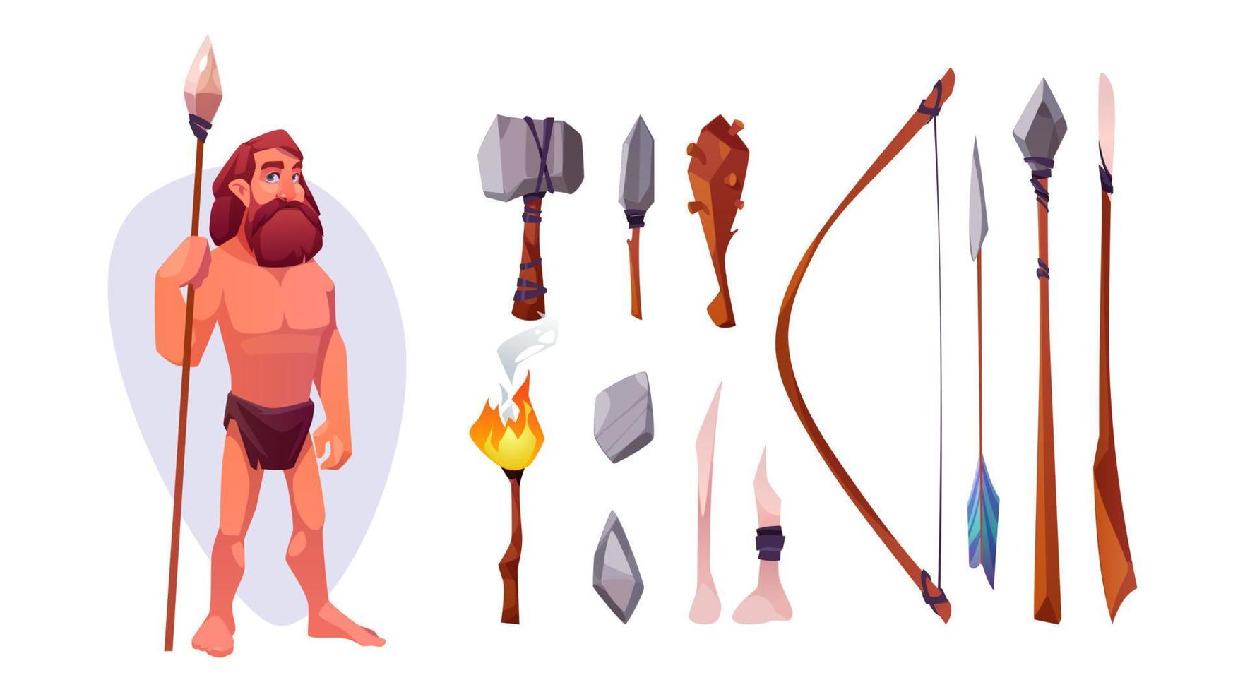 Caveman with weapon set isolated on white vector