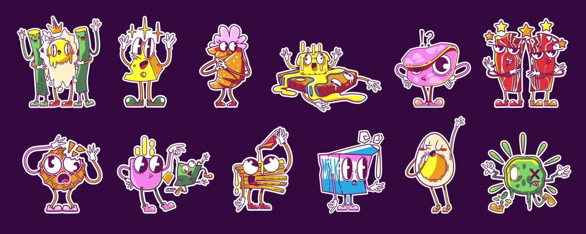 Retro stickers of food, cute breakfast characters vector
