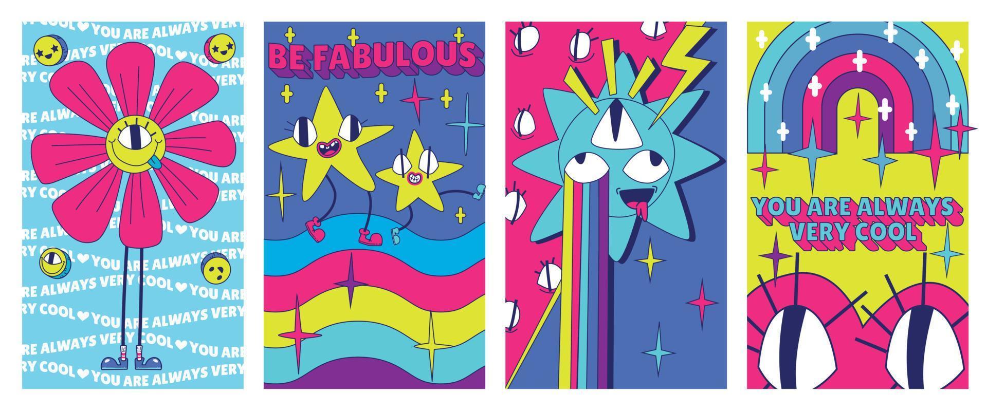 Y2k retro futuristic flyers with trippy characters vector