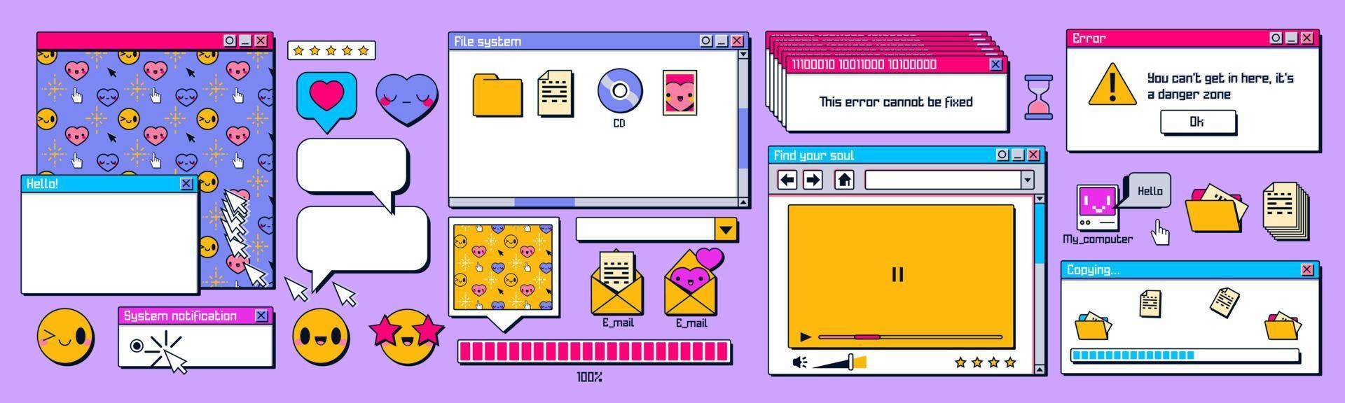 Retro computer screen interface with windows vector