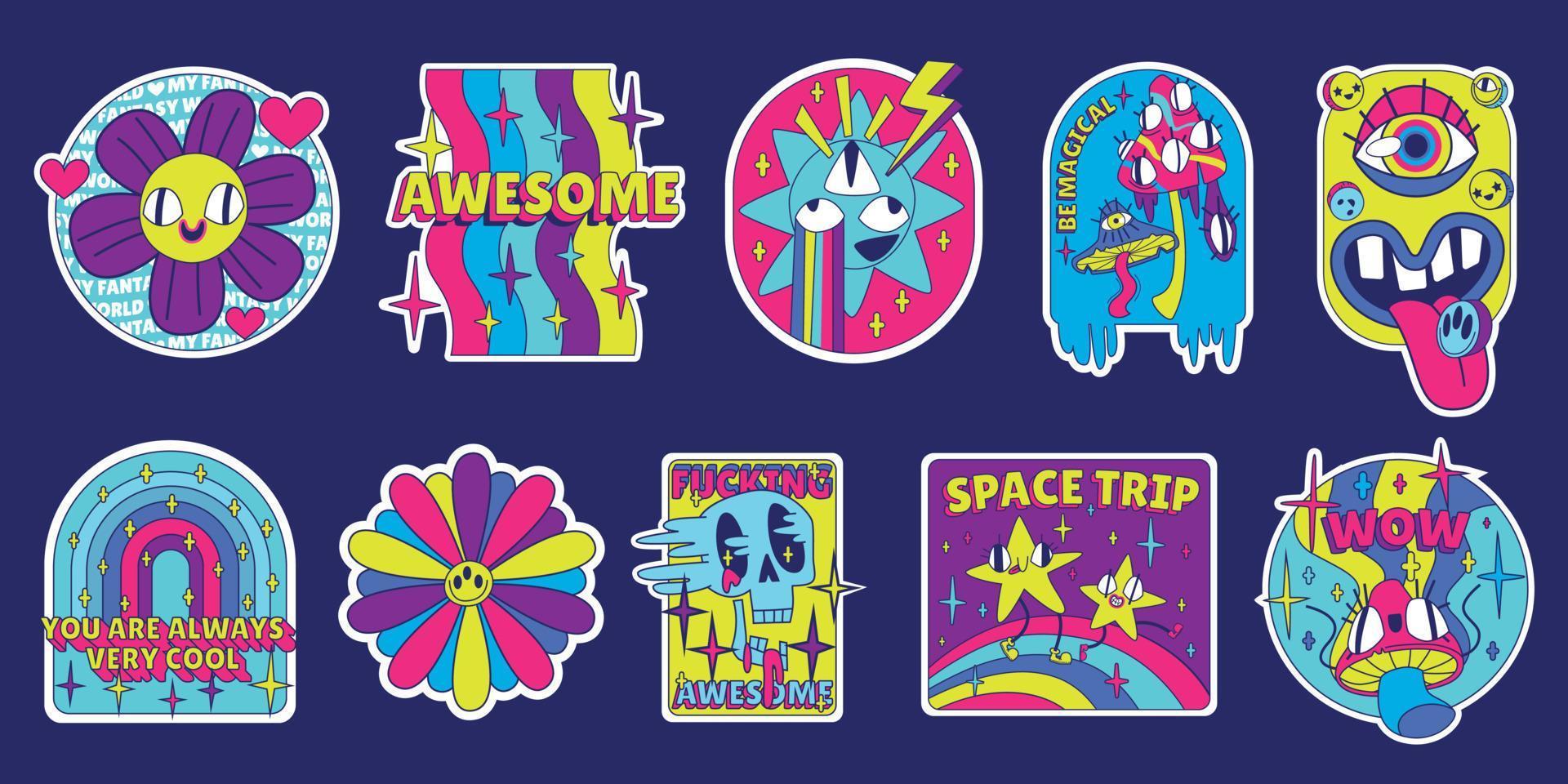 Y2k stickers pack, rave retro trendy style patches vector