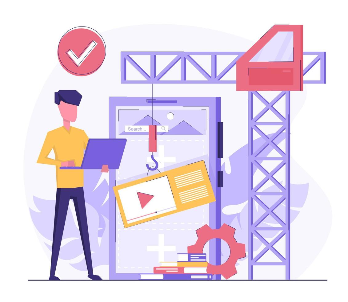 App development. A programmer developer creates an application on the phone. The crane lowers the icons on the screen vector