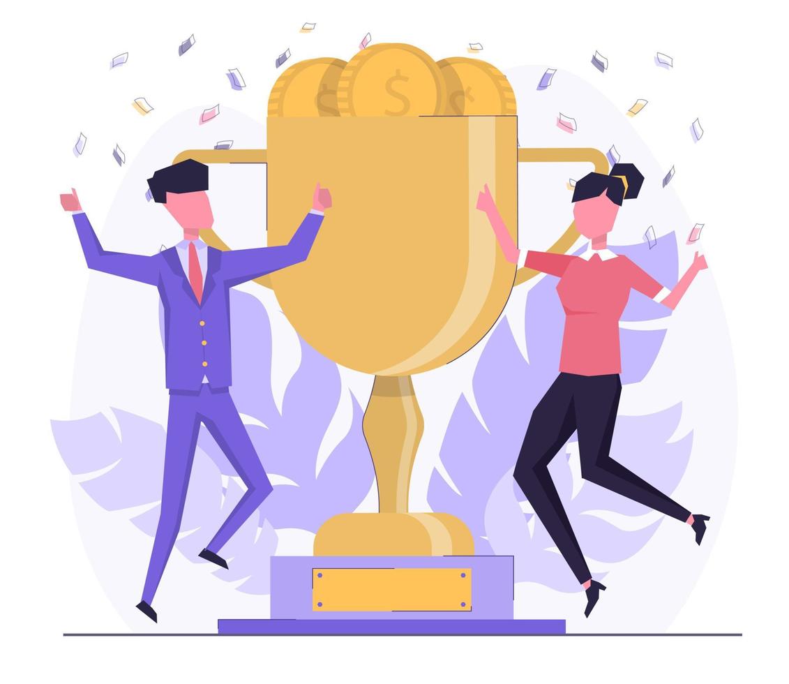 Business award. A man and a woman jumping near a gold cup with coins vector