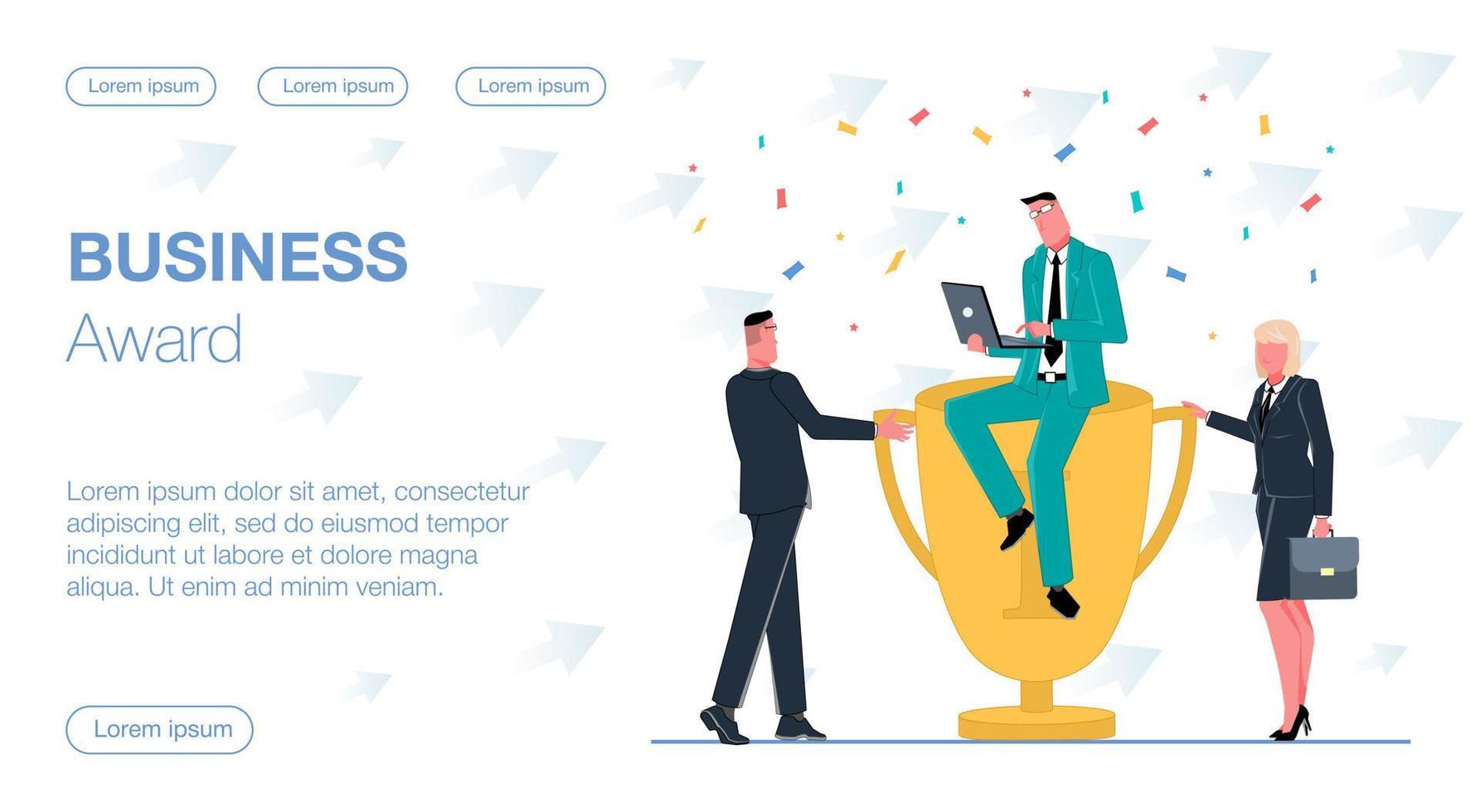 successful businessman won a business award prize and sits on a cup working on a laptop around a team woman with a briefcase and a man are flying confetti vector flat illustration