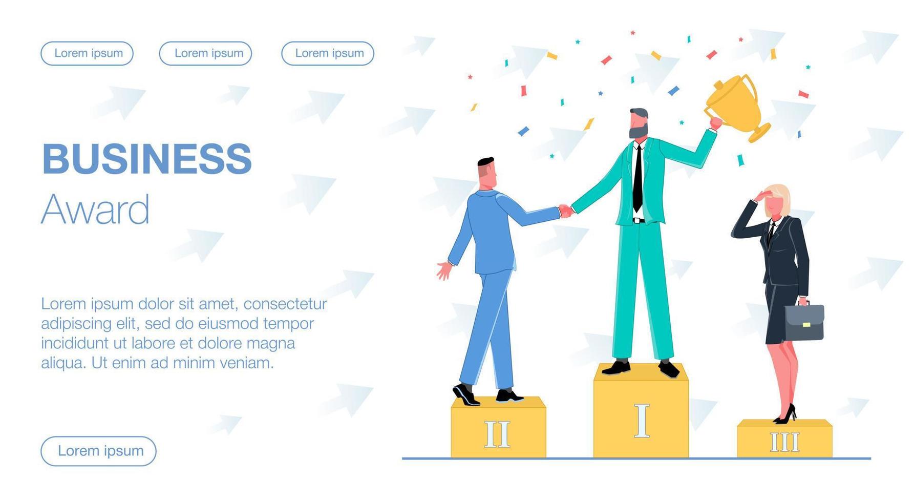 successful businessman stands on a podium won a business award a prize and holds a cup above his head shakes hands with a colleague around a team woman with a briefcase and a man vector