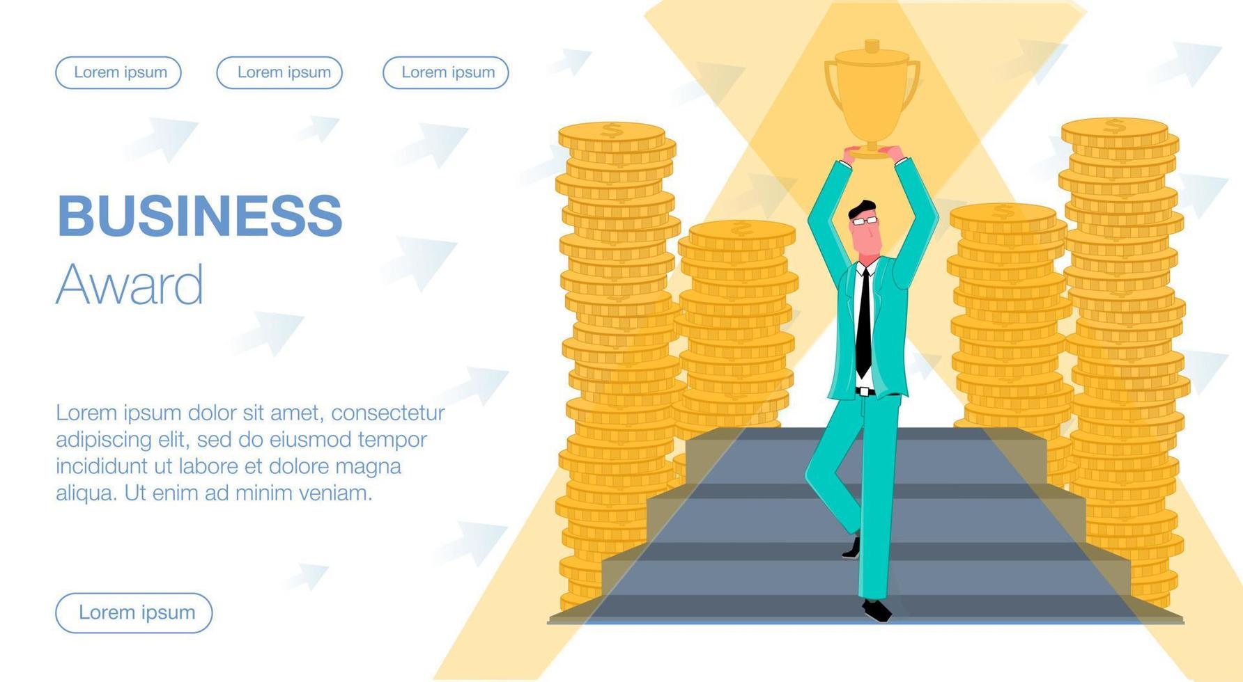 Successful businessman descends the steps of fame and holds a cup above his head business prize award around gold money coins spotlights vector flat illustration