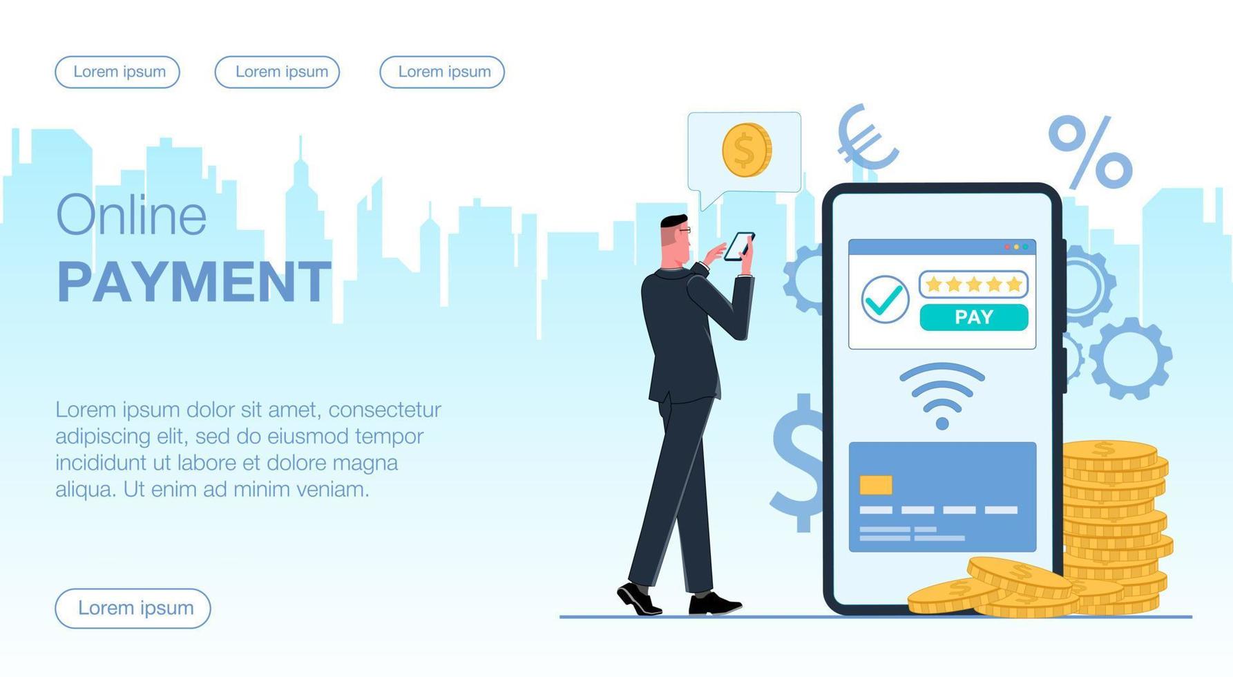a man businessman holds a mobile phone and conducts a payment transaction online on a smartphone from a credit card via wi-fi around currency icons near coins money gold vector flat illustration