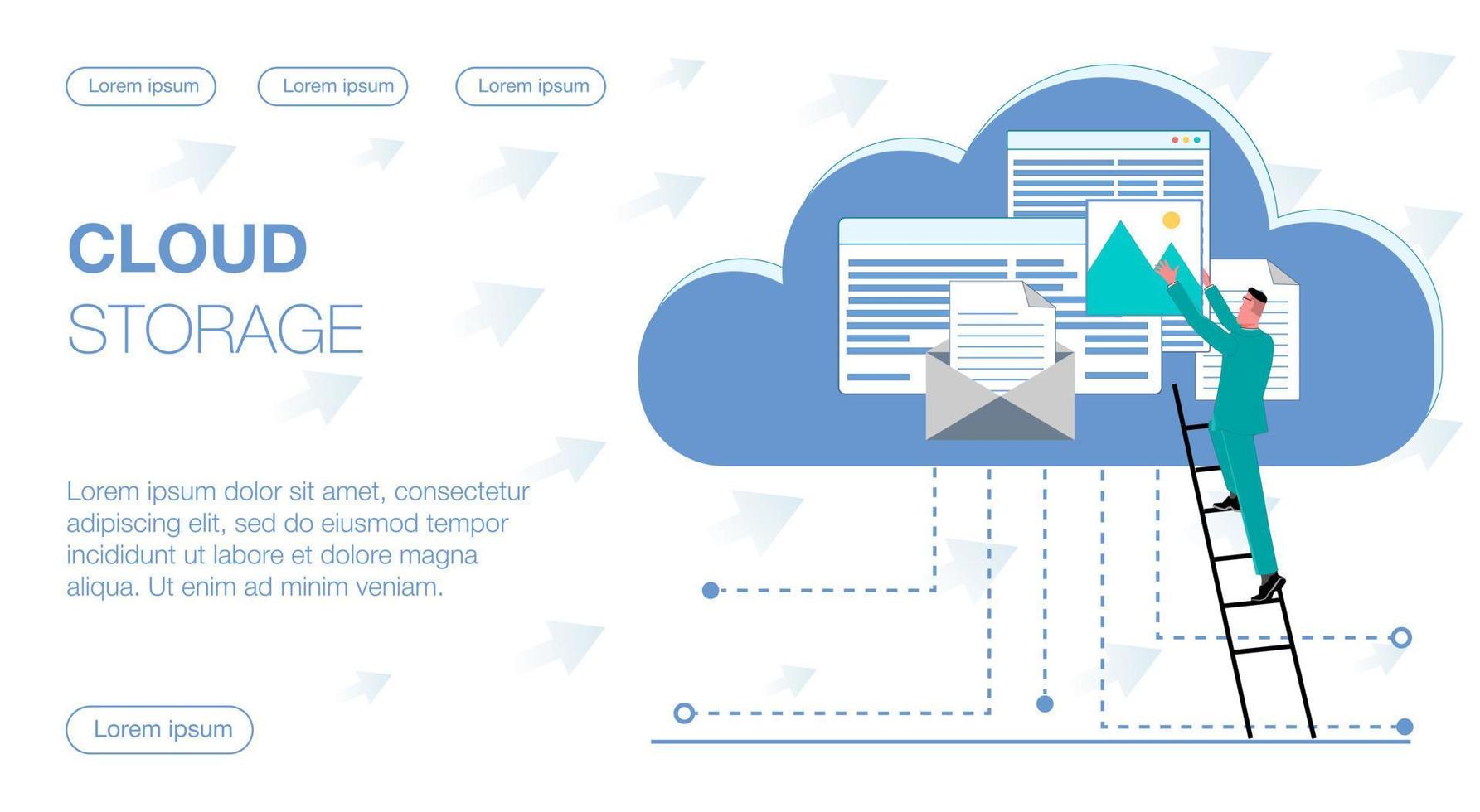 a successful businessman in a suit climbs the ladder to the cloud to put a file in the cloud storage with documents vector flat illustration