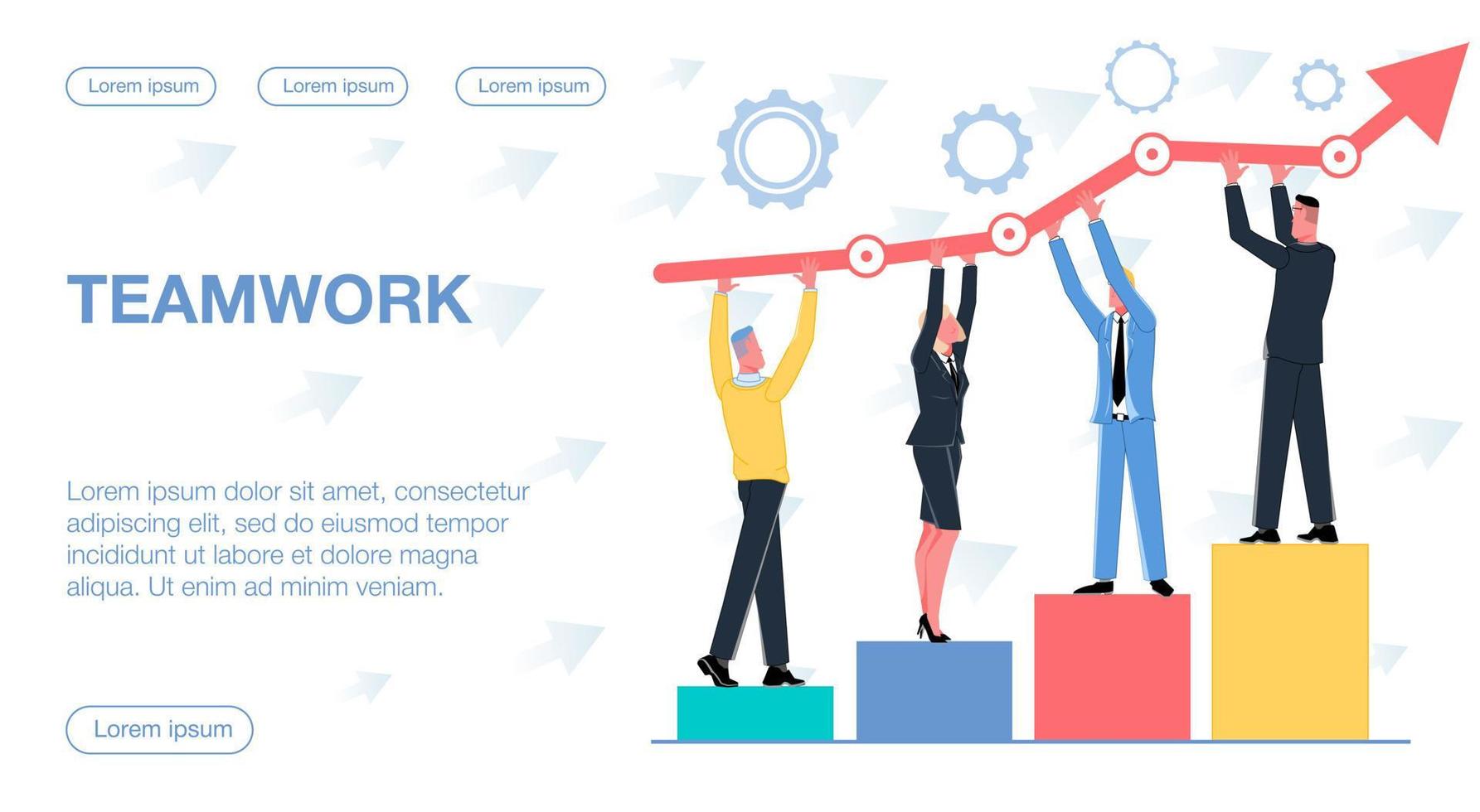 equipo de negocios exitoso en trajes juntos se encuentra en un gráfico de pedestal y sostiene una flecha que muestra el trabajo en equipo exitoso y la ilustración plana del vector de crecimiento empresarial