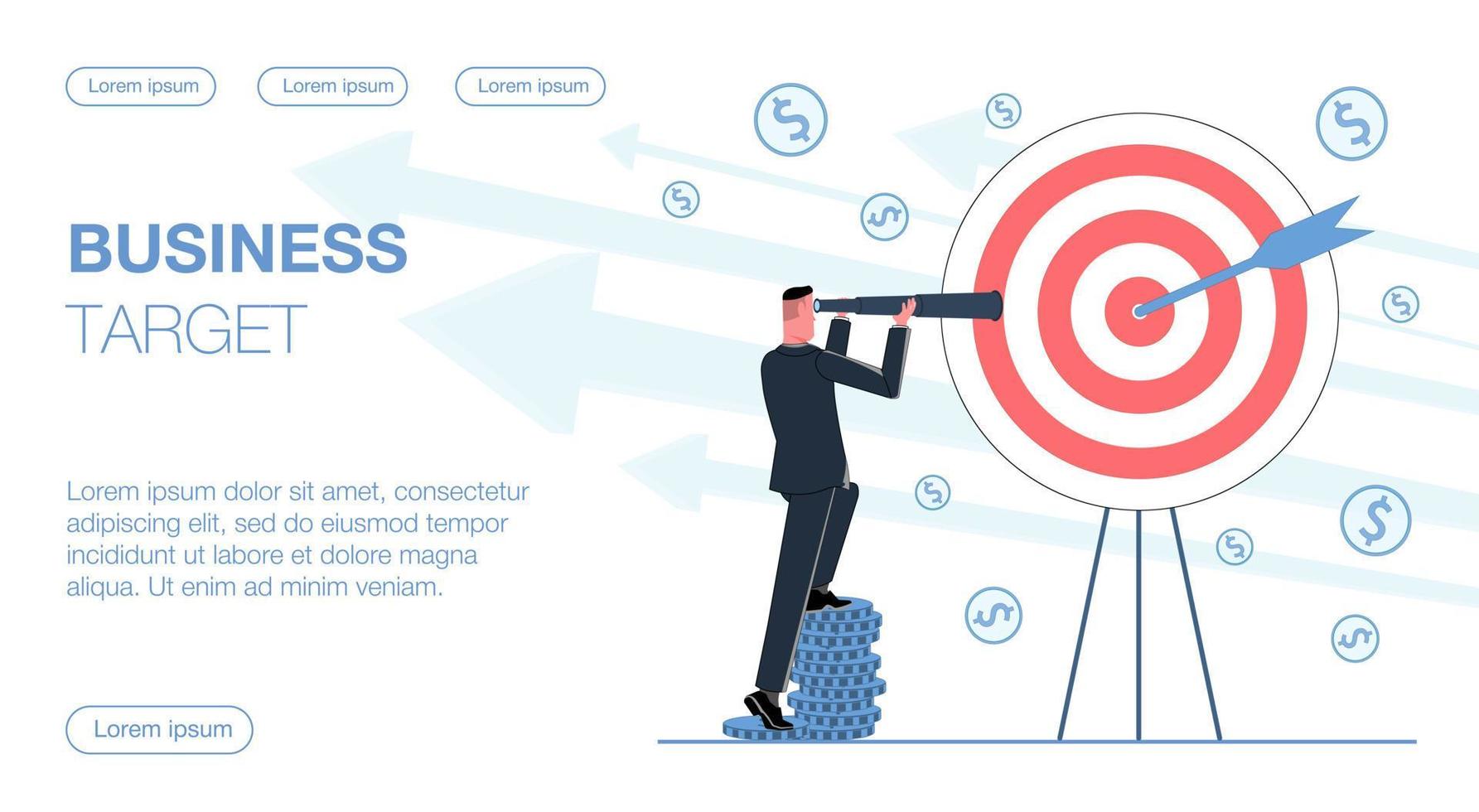 A businessman stands on gold coins and looks through a spyglass at his business target flat vector illustration