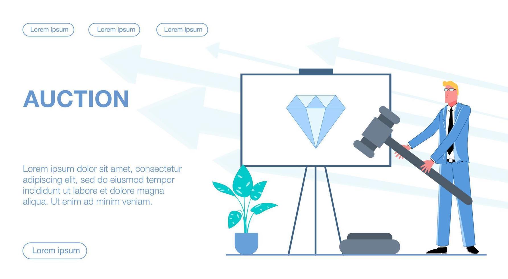 A businessman holds an auction, with a diamond lot next to it flat vector illustration