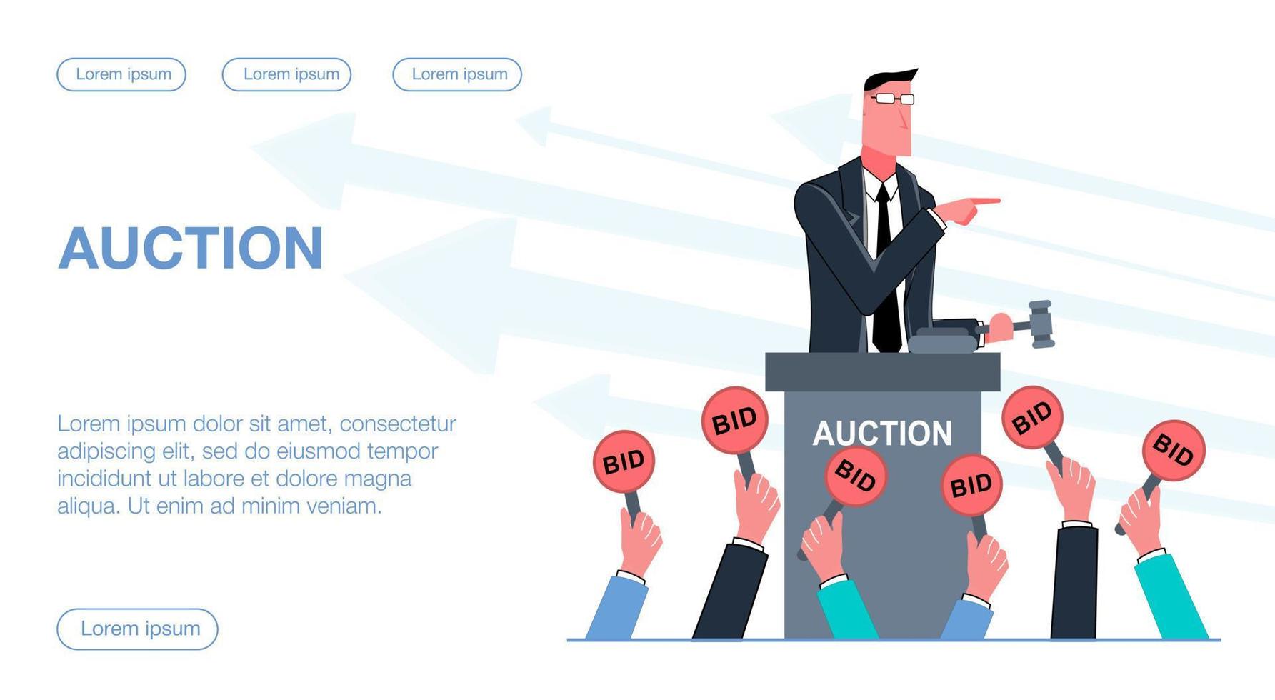 A businessman holds an auction, people hold bidding signs flat vector illustration