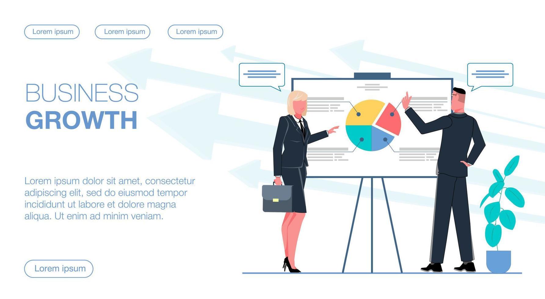 hombre de negocios y mujer de negocios discuten la estrategia de desarrollo de crecimiento empresarial, hay un diagrama en el tablero, análisis de ilustración vectorial plana vector