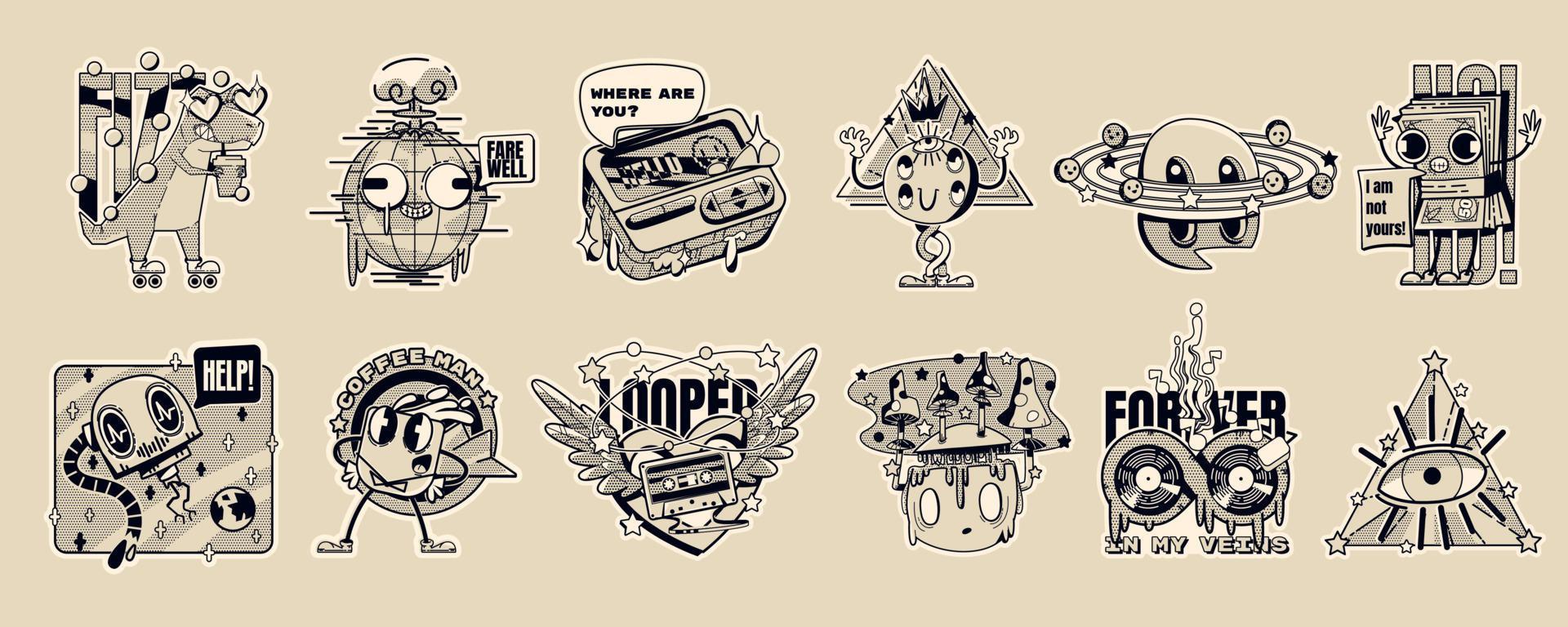 Monochrome psychedelic stickers in y2k style vector