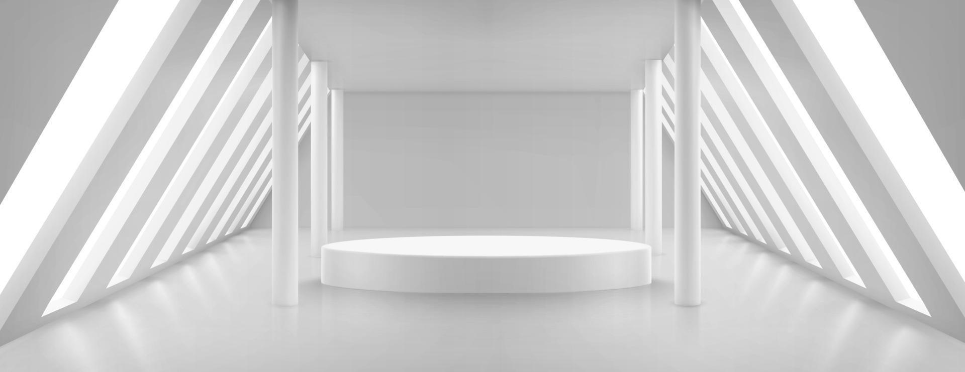 Empty gallery interior with circle podium, columns vector