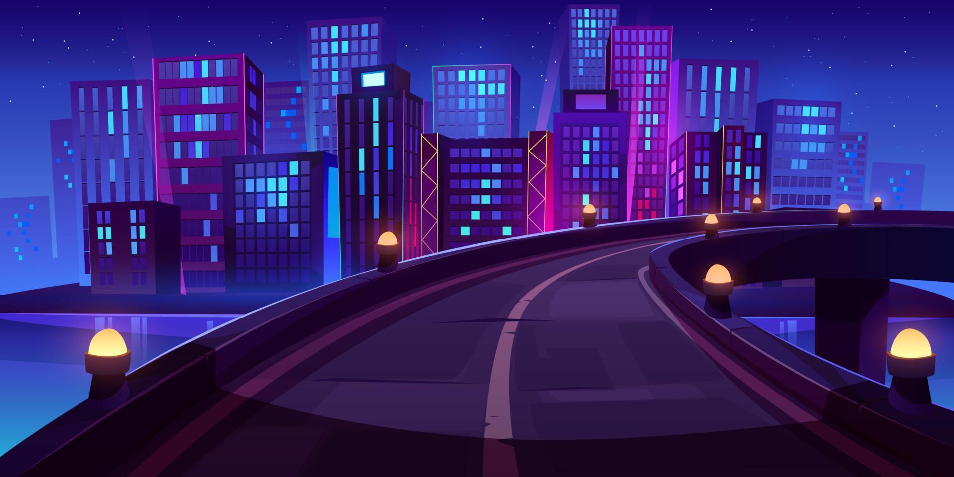 Night city skyline view from bridge, urban road vector