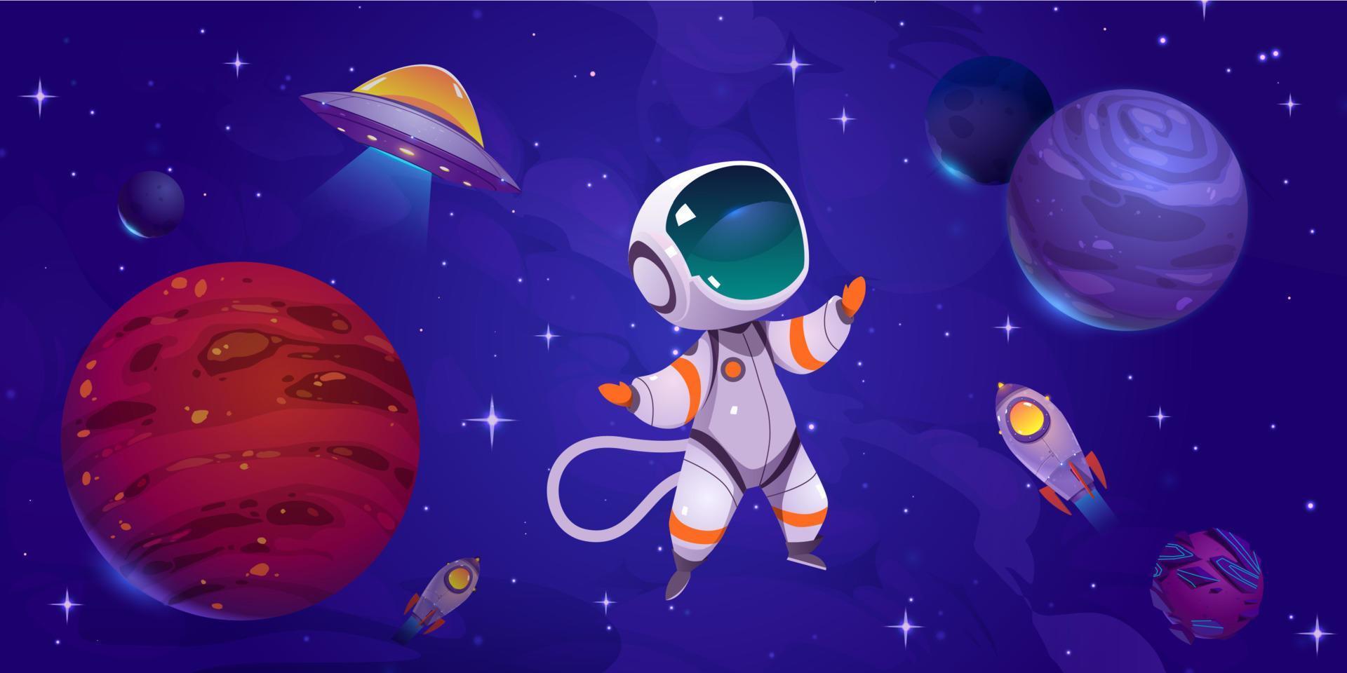 astronauta de dibujos animados en el espacio exterior vector