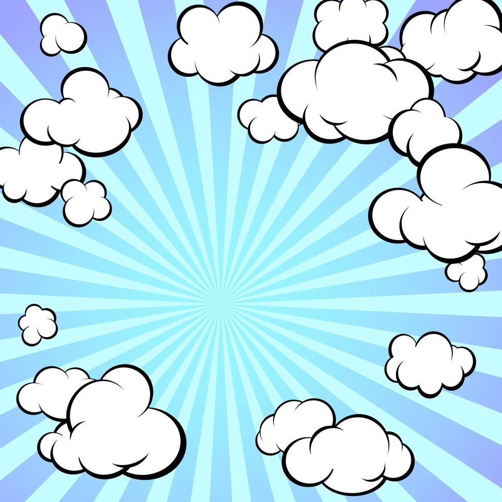 marco de nubes pintadas. rayos radiales del sol. estilo retro. dibujos animados. formato cuadrado. vector