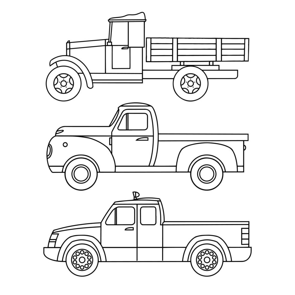 Set of linear icons of old trucks for printing. Vector illustration