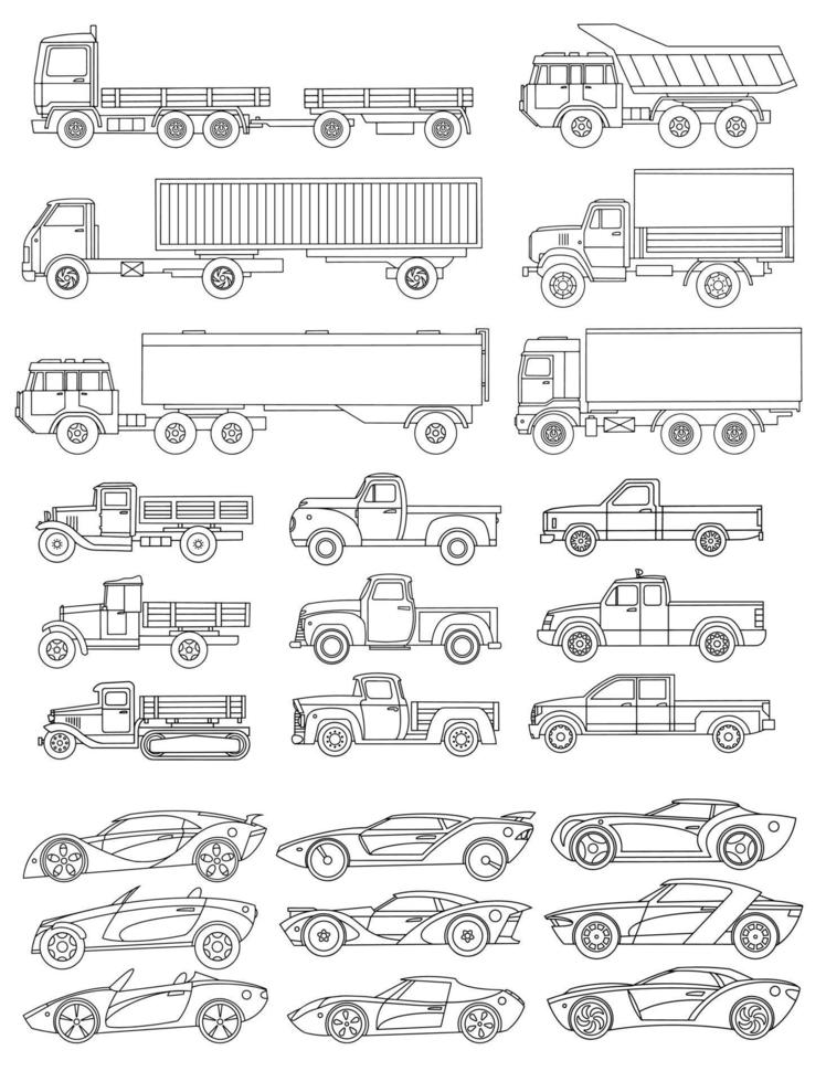 A large set of cars drawn in a linear style. Vector illustration.