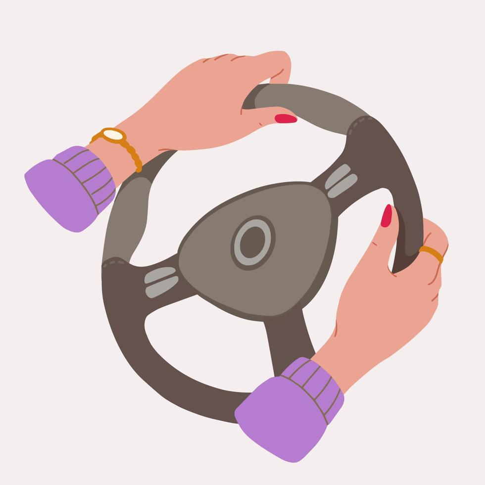 manos femeninas en el volante en estilo plano para impresión y diseño. ilustración vectorial vector