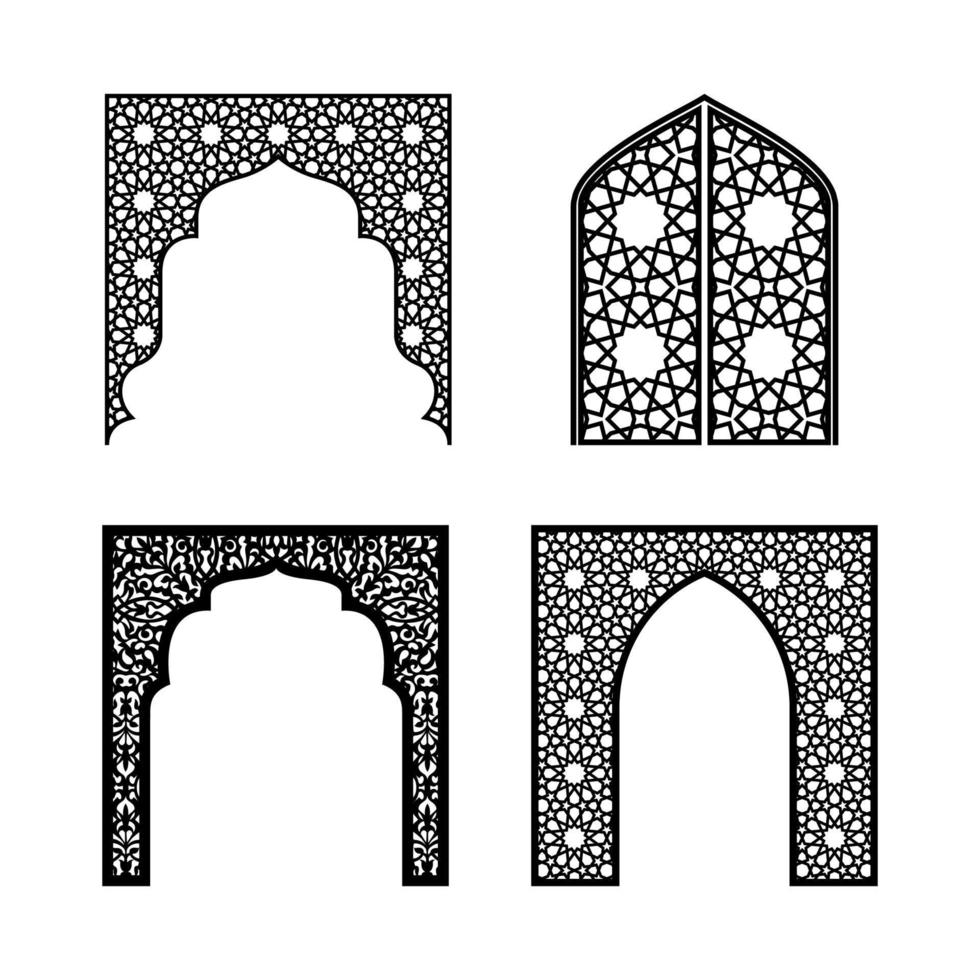 A set of openwork arches in silhouette style for laser cutting, printing and design. Vector illustration.