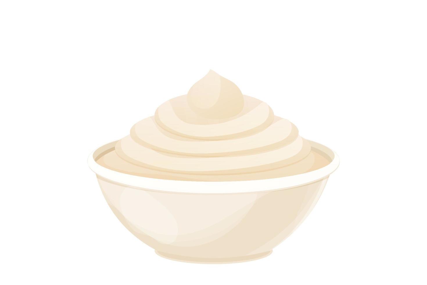 Mayonnaise sauce in dip bowl, cream, mousse in cartoon style isolated on white background. Vector illustration