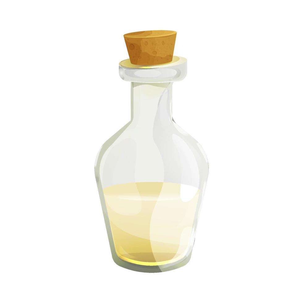 Vinegar in glass bottle with cork in cartoon style isolated on white background. Apple, wine liquid, dressing. Vector illustration