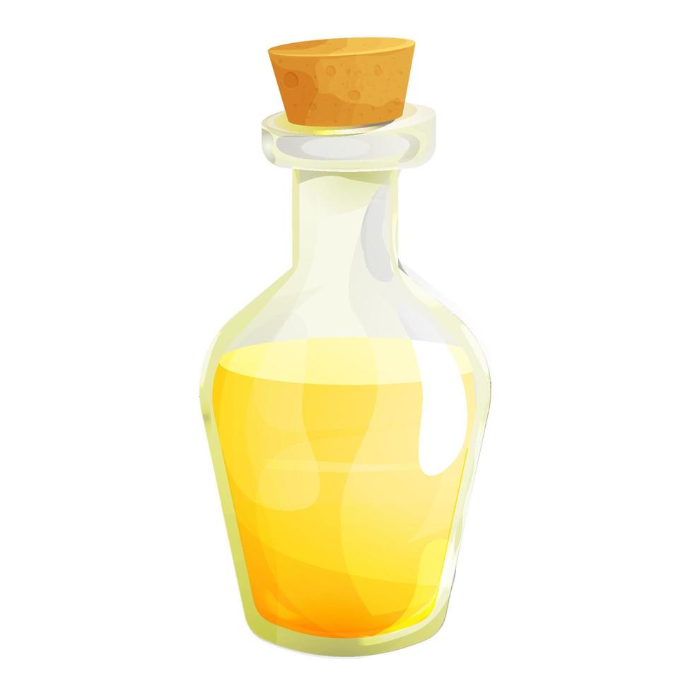 Vinegar in glass bottle with cork in cartoon style isolated on white background. Apple, wine liquid, dressing. Vector illustration