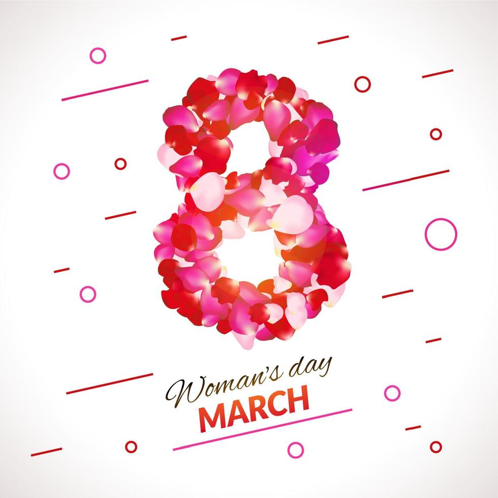 Greeting card with pink red rose petals. 8 march - womans day illustration vector