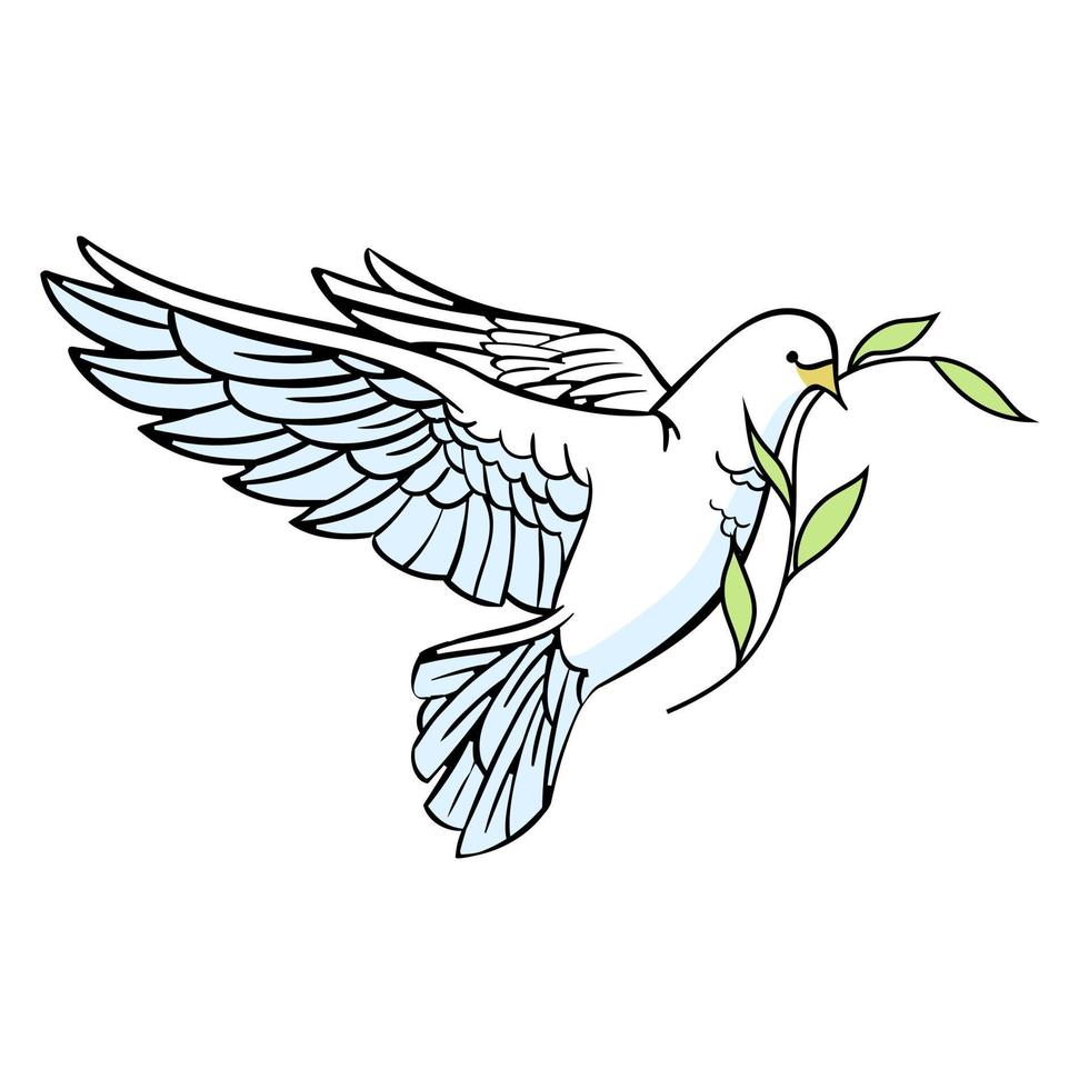 White dove with an olive branch in its beak. Christian plot. Isolated on a white background. Cartoon style. vector