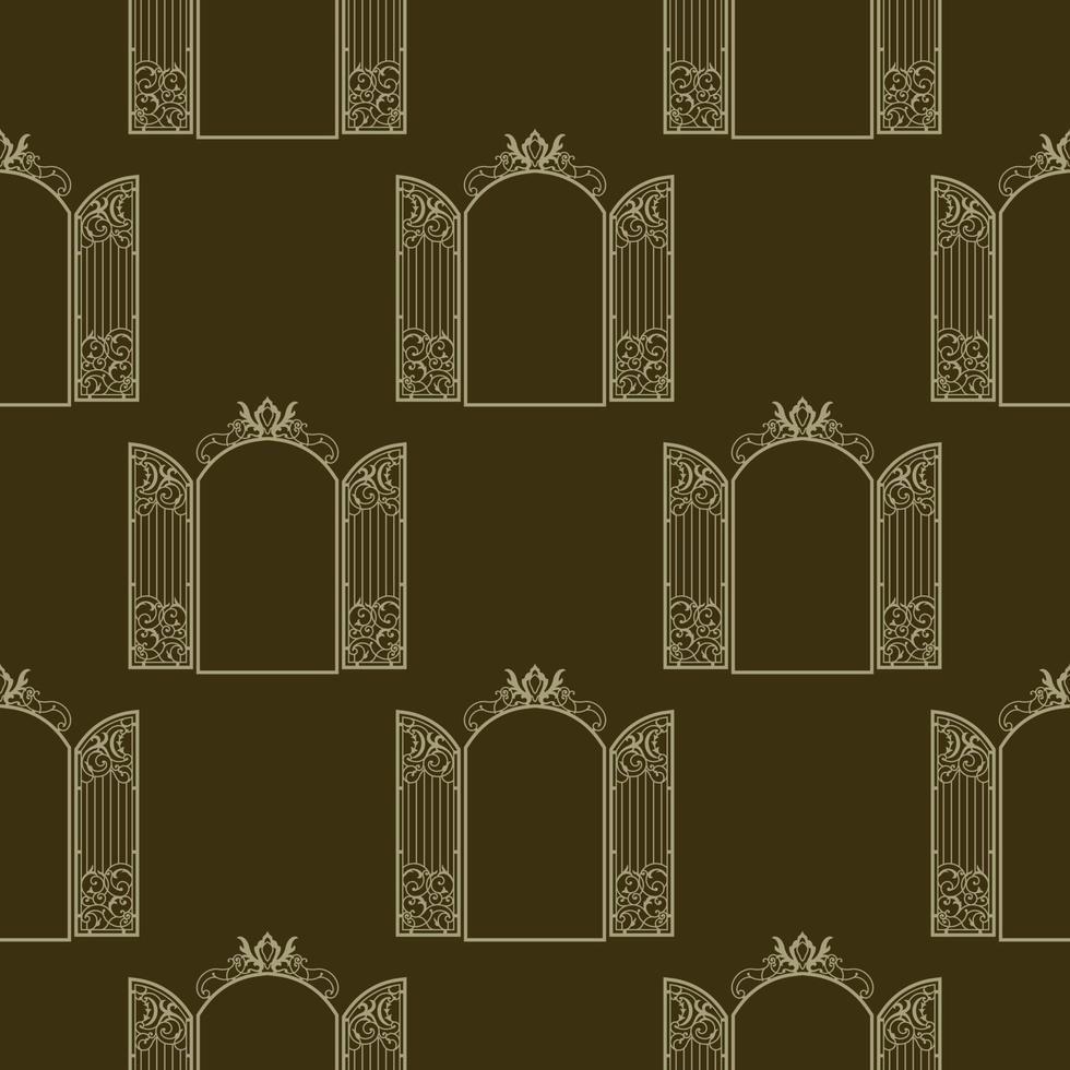 Pattern of forged openwork golden gates in vintage style on a brown background. Vector illustration.