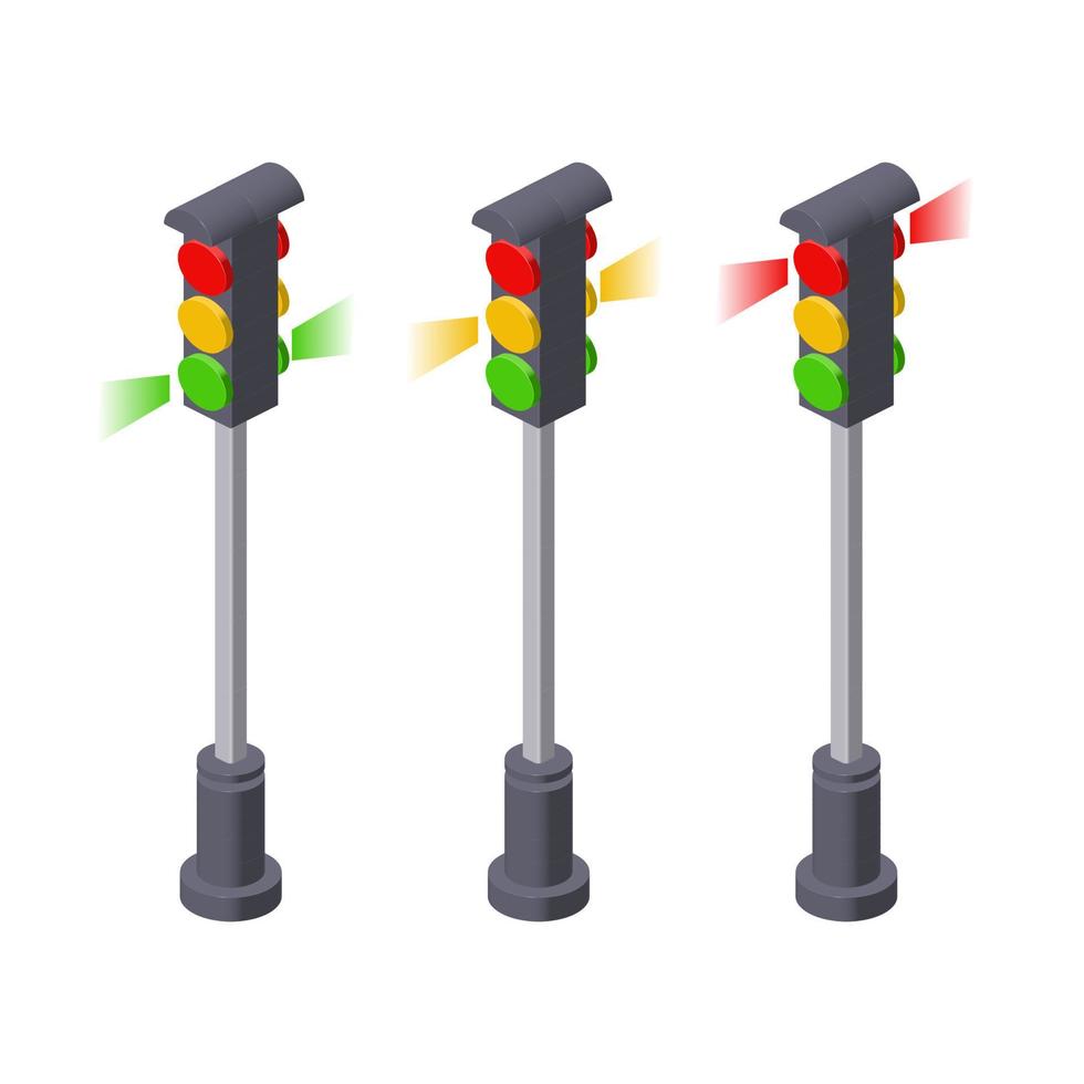 Set of traffic lights in isometric style for print and design. Vector illustration.