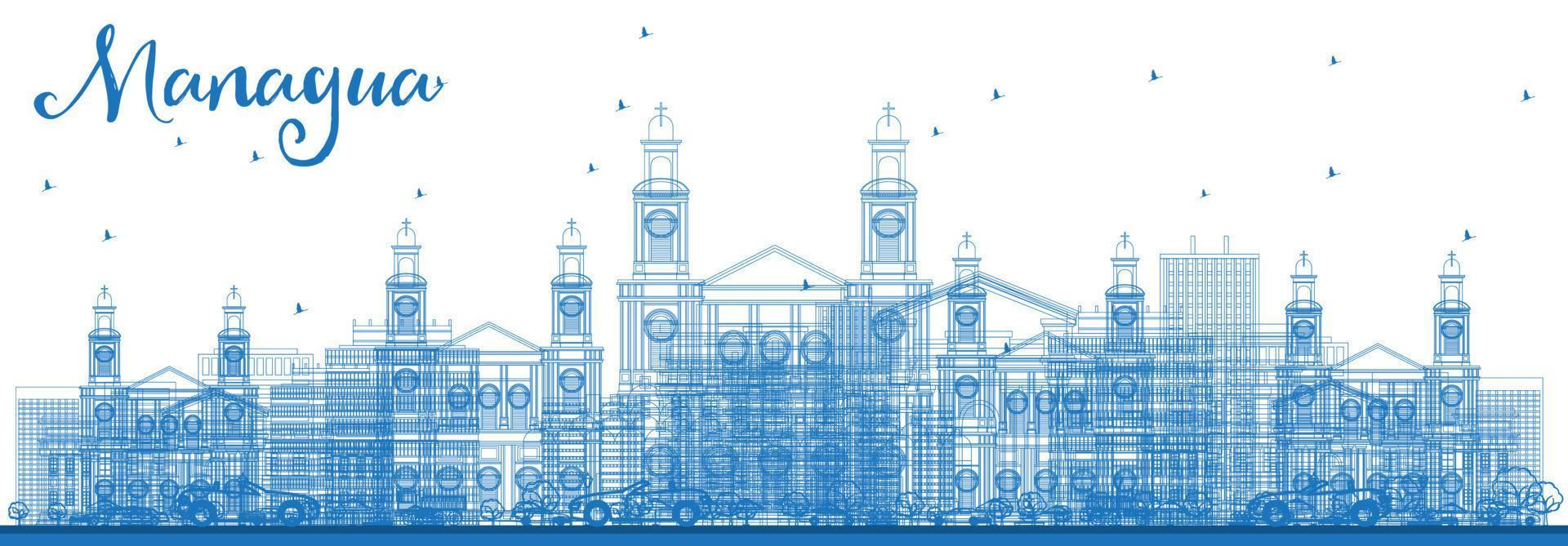 Outline Managua Nicaragua Skyline with Blue Buildings. vector
