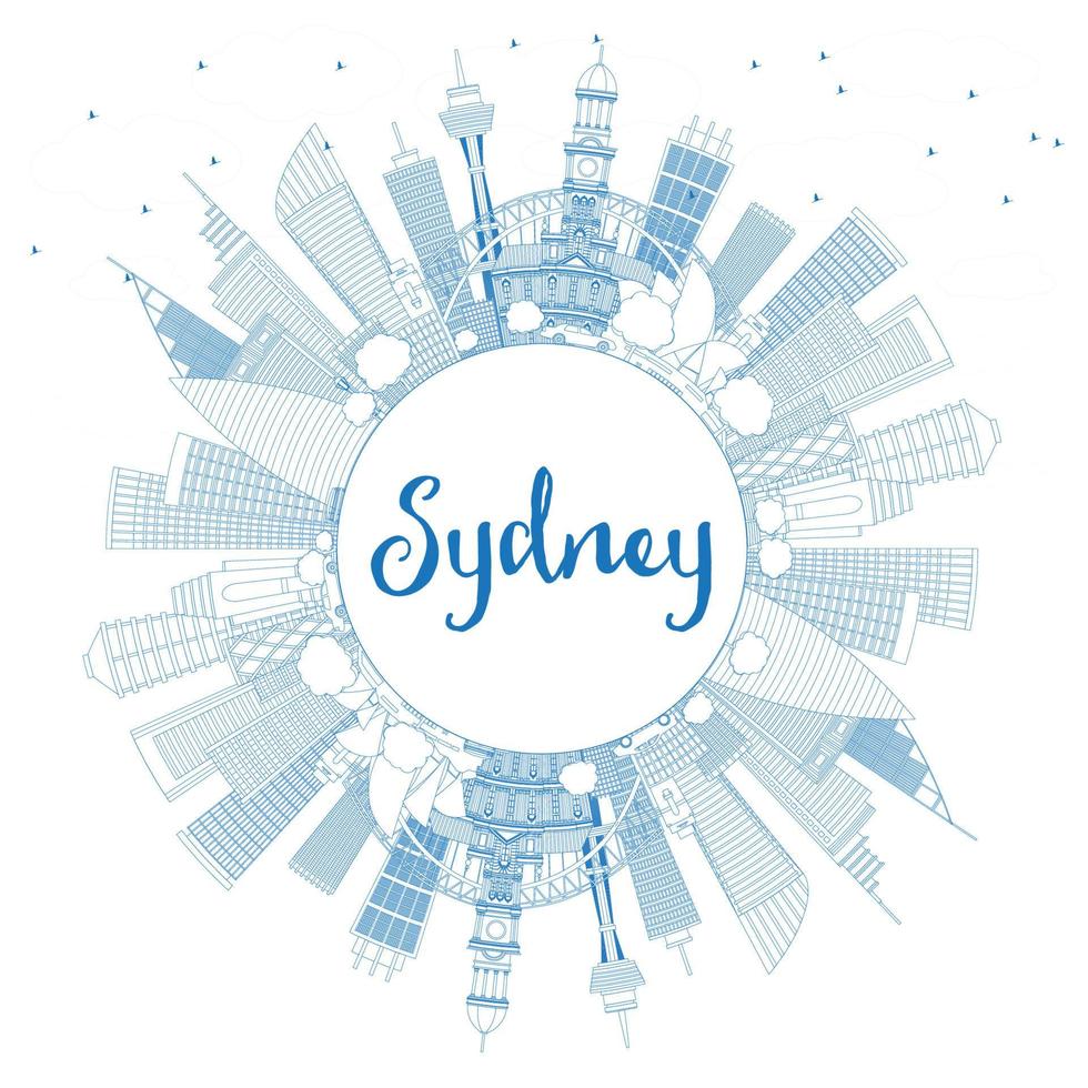 Outline Sydney Australia City Skyline with Blue Buildings and Copy Space. vector