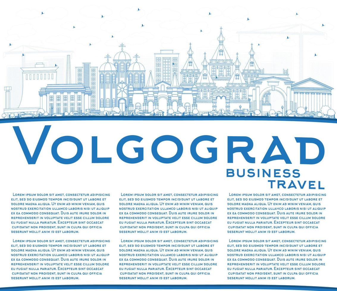 Outline Volgograd Russia City Skyline with Blue Buildings and Copy Space. vector