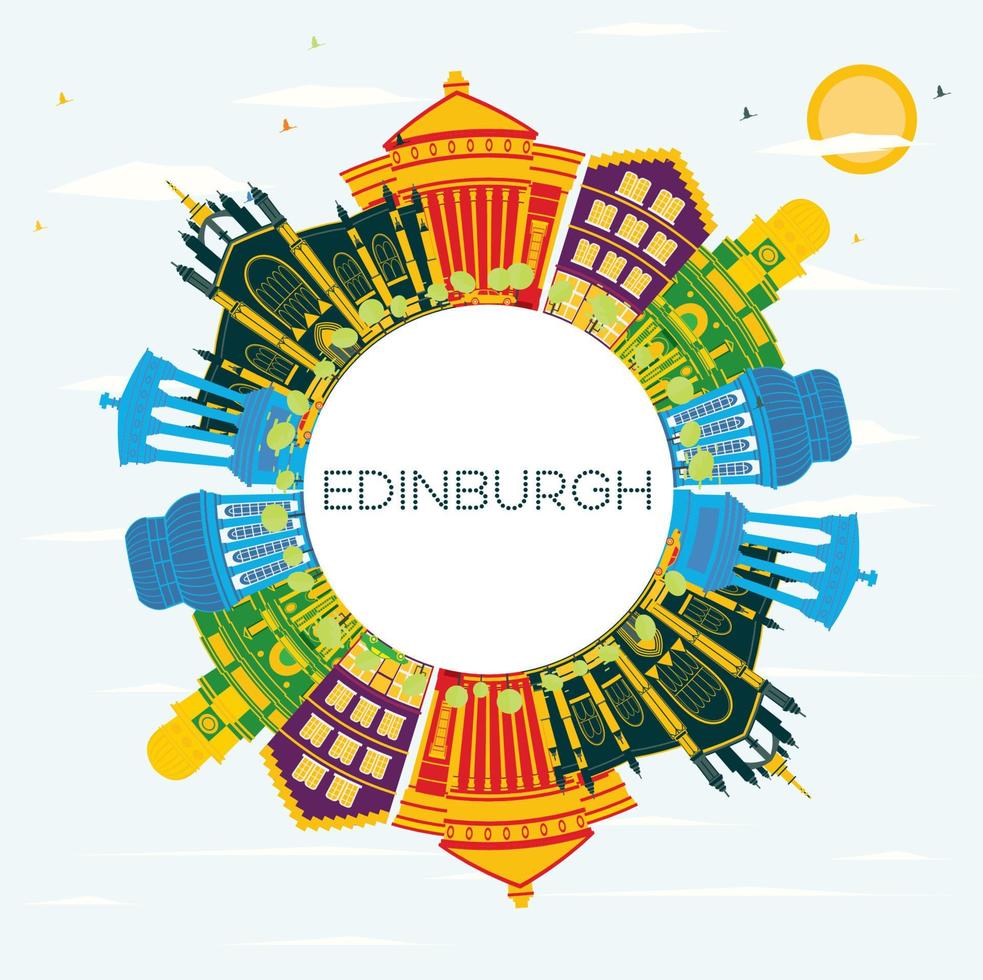 horizonte de la ciudad de edimburgo escocia con edificios de color, cielo azul y espacio de copia. vector