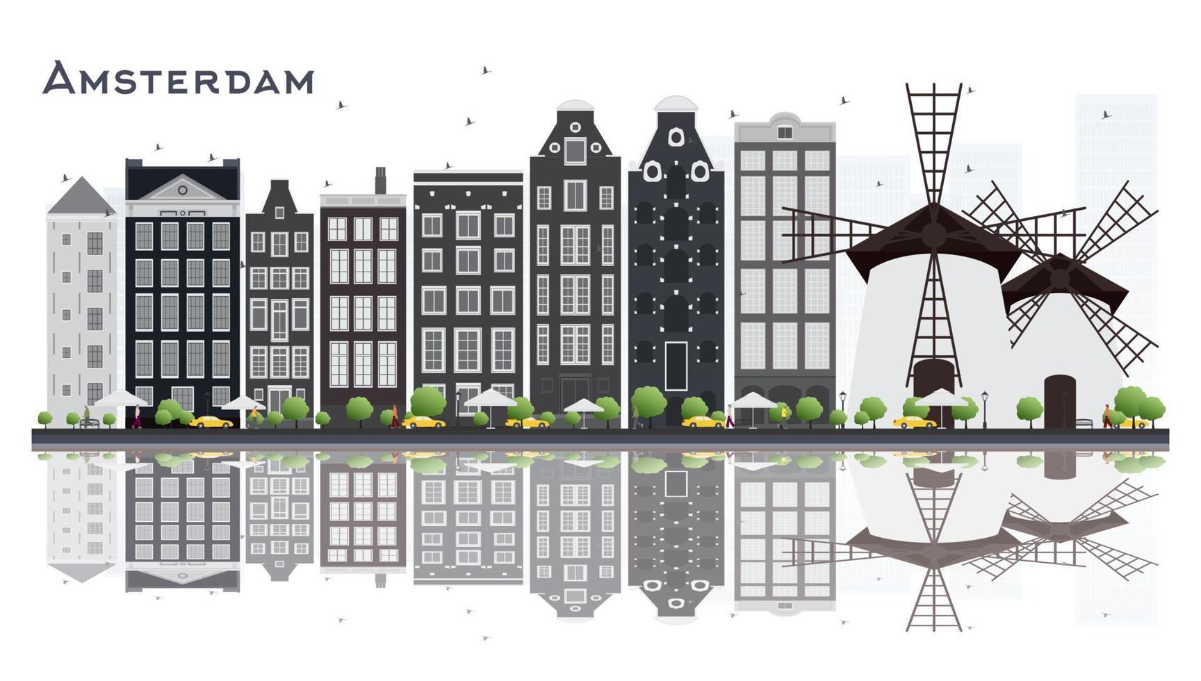 horizonte de la ciudad de amsterdam holanda con edificios grises aislados sobre fondo blanco. vector